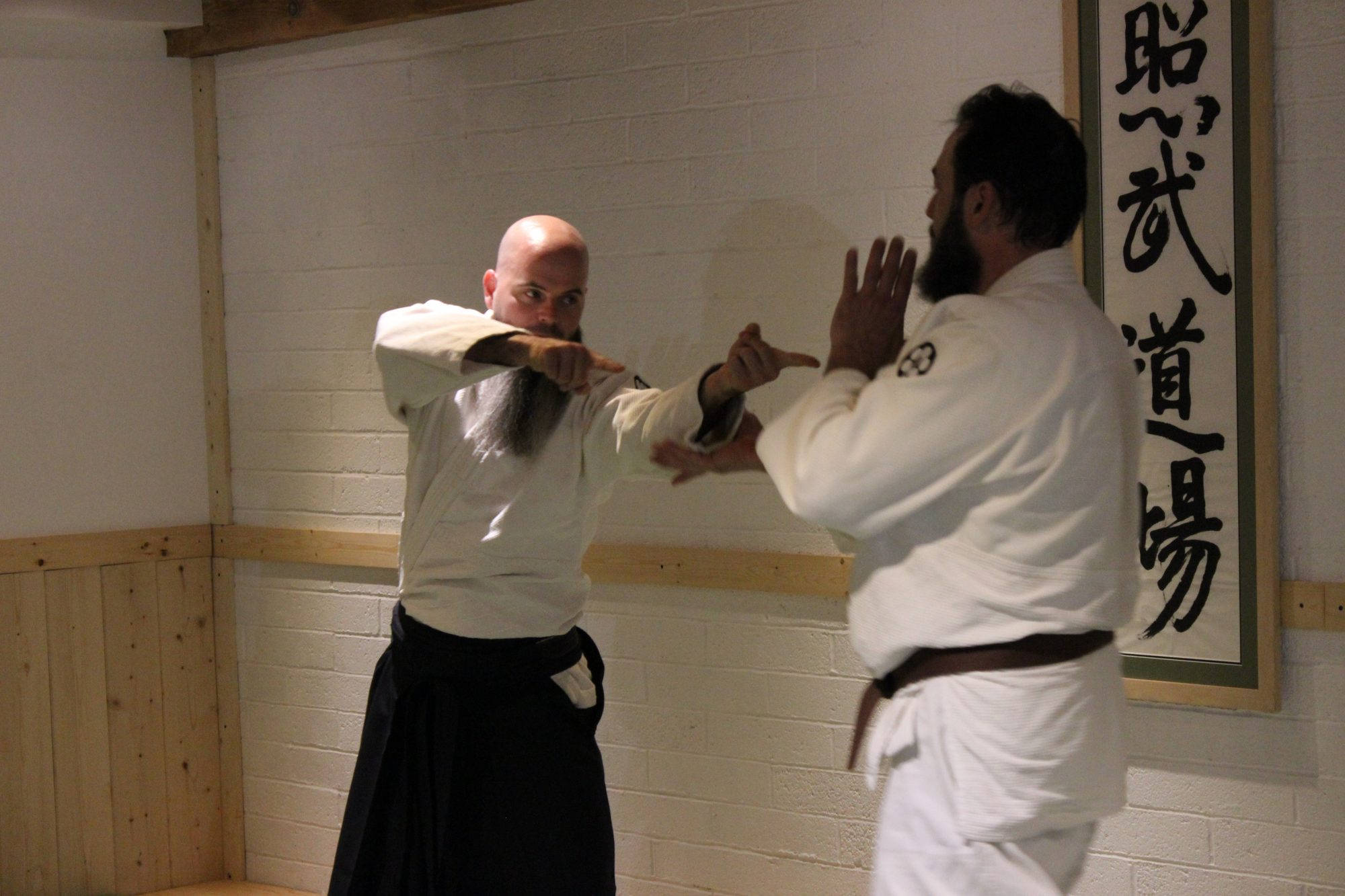 martial arts 桌布 壁紙 — 兩名身穿白色道服的武術家在帶有木質裝飾和牆上掛有書法卷軸的道場中練習精準的手部技巧。
