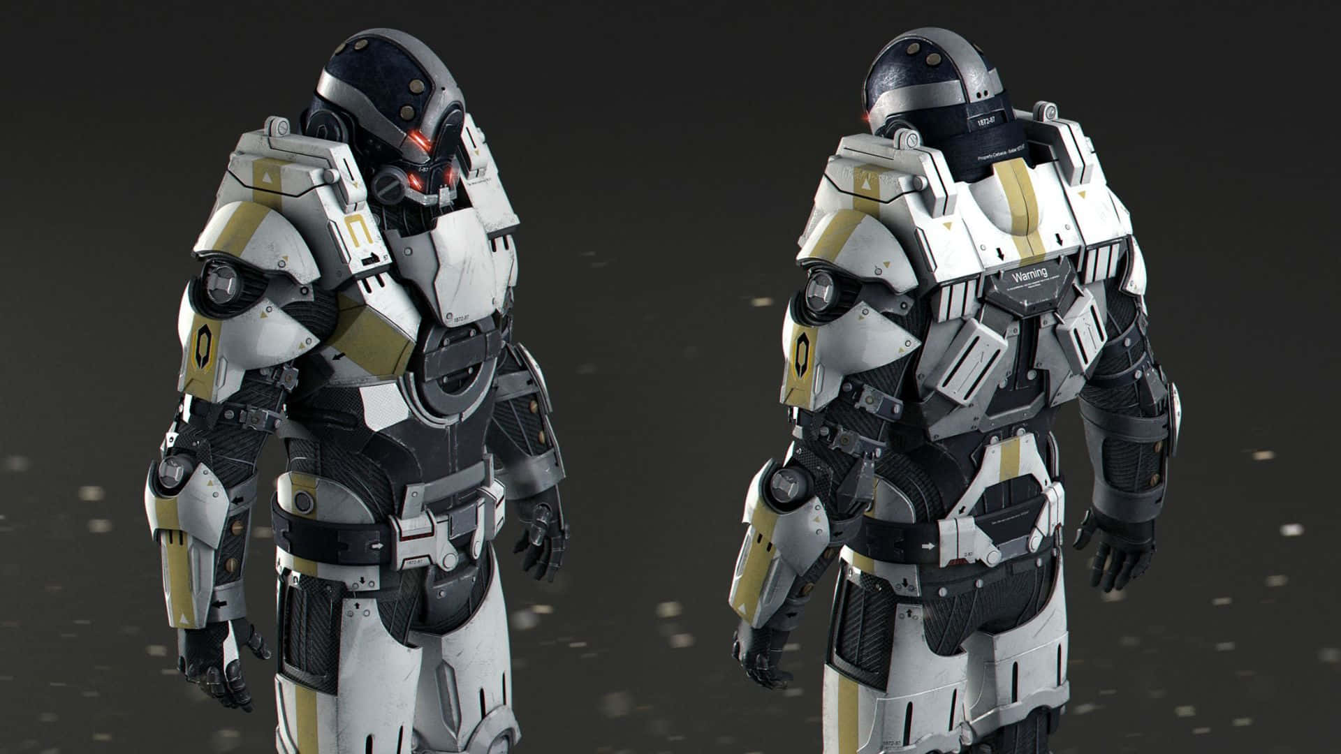 Mass Effect Cerberus 桌布 壁紙 — 兩名身穿白金色和黑色裝備的未來派裝甲士兵在黑暗粗糙的背景中背靠背站立。