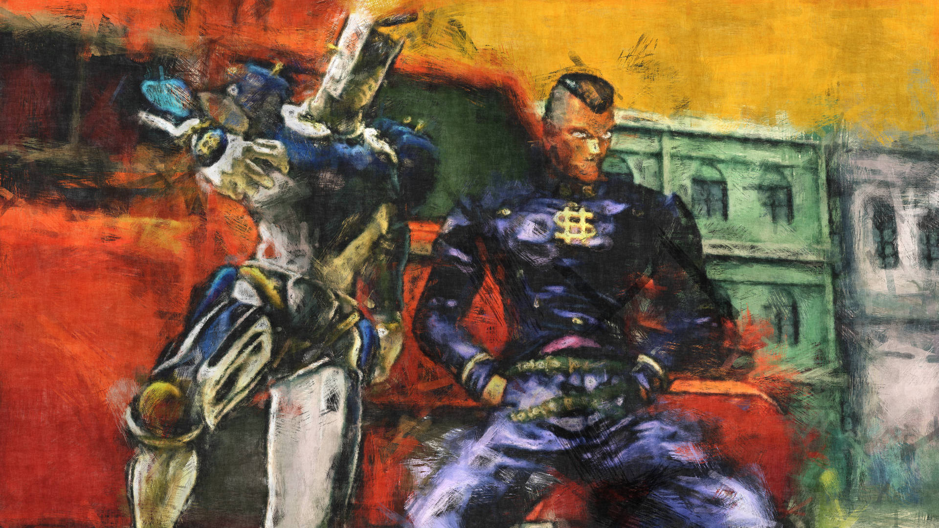 jojo 4K 桌布 壁紙 — 兩名身穿盔甲的人物，出現在一幅充滿活力的抽象畫中，帶有鮮明的紅色、黃色和綠色筆觸。