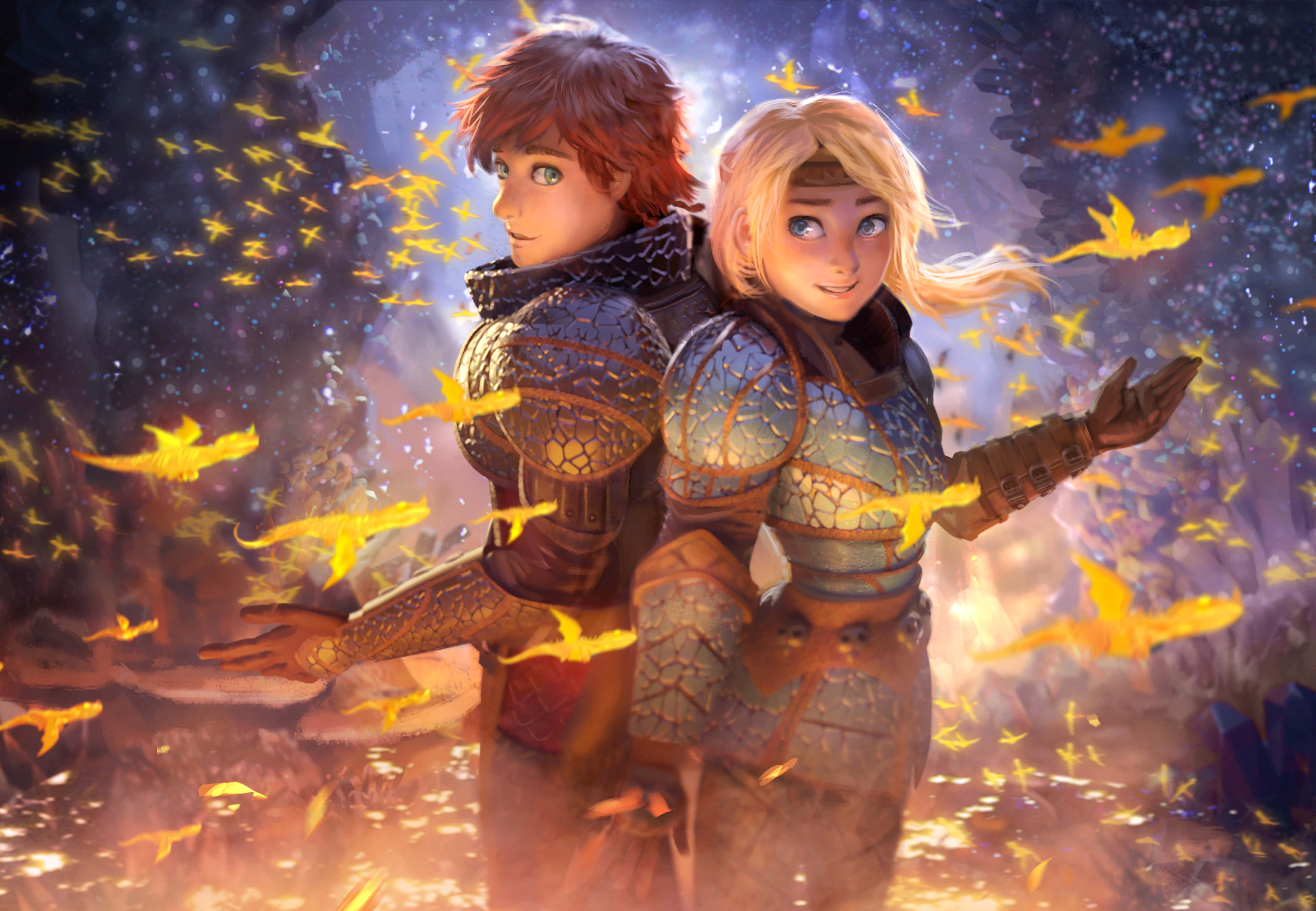 How To Train Your Dragon 4K 桌布 壁紙 — 兩名身穿盔甲的冒險者在神秘森林中背靠背站立，發光的黃色螢火蟲在星空下圍繞他們盤旋。
