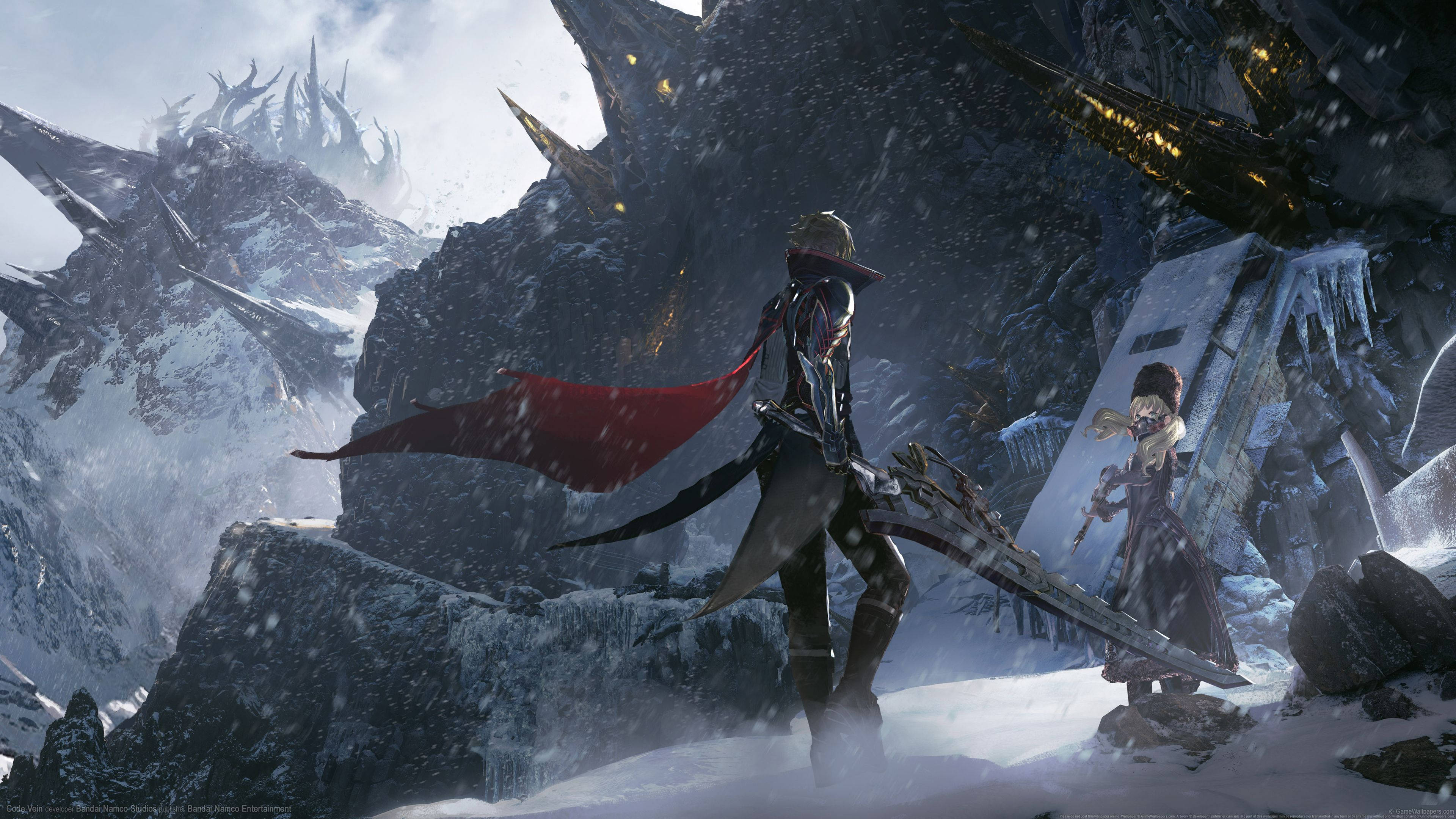 Code 桌布 壁紙 — 兩名身穿盔甲的冒險者站在一個積雪的山口，周圍有鋸齒狀的冰層和飄落的雪花。