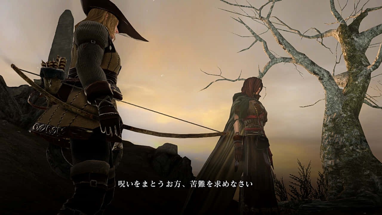 Dark Souls Emerald Herald 桌布 壁紙 — 兩名身穿盔甲的冒險者站在荒涼的暮色景觀中，面對一棵佈滿日文文字的扭曲樹木。