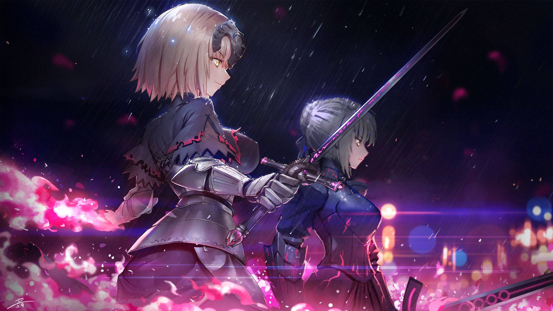 Fate/Grand Order 桌布 壁紙 — 兩名身穿盔甲的動漫戰士在雨中碰撞，背景是發光的粉紅色能量和城市燈光。