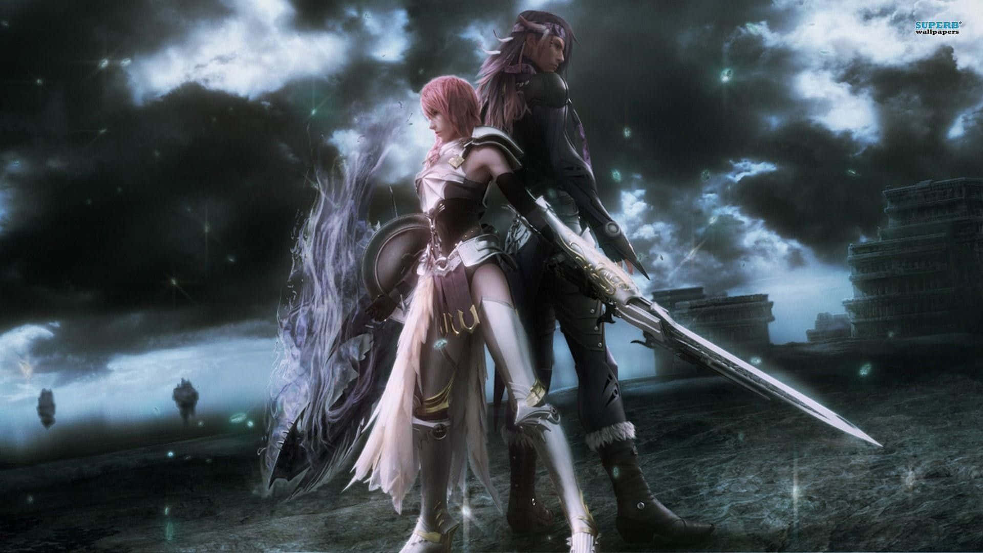 1080p Final Fantasy Xv 桌布 壁紙 — 兩名身穿盔甲的奇幻戰士在廢墟上，於風暴暮色天空下持著發光劍蓄勢待發。