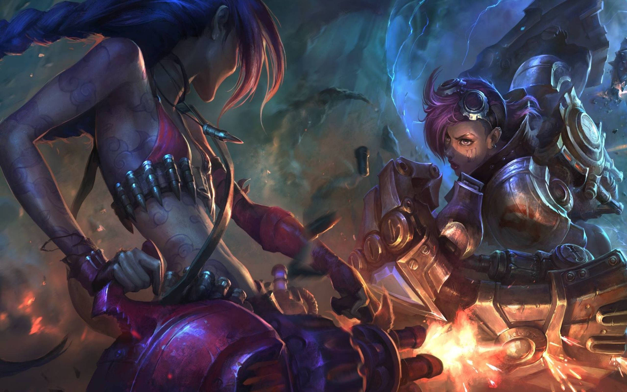 Jinx 桌布 壁紙 — 兩名身穿盔甲的奇幻戰士在暴風雨的天空下，伴隨著發光的能量效果，於一場熾熱的戰鬥中交鋒。