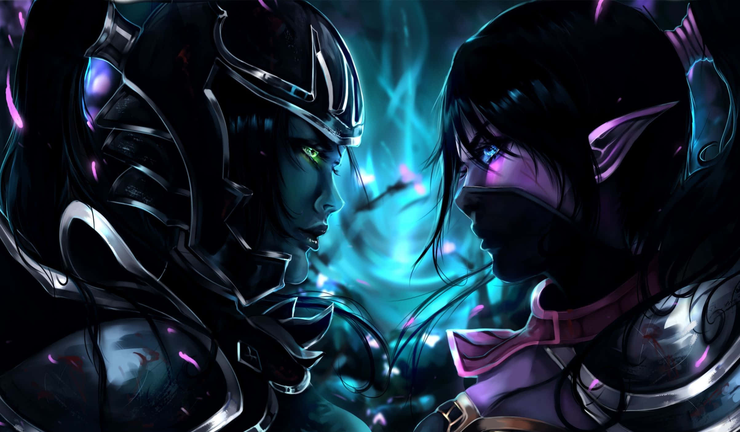Phantom Assassin 桌布 壁紙 — 兩名身穿盔甲的奇幻戰士在發光的藍色和紫色魔法決鬥中對峙。