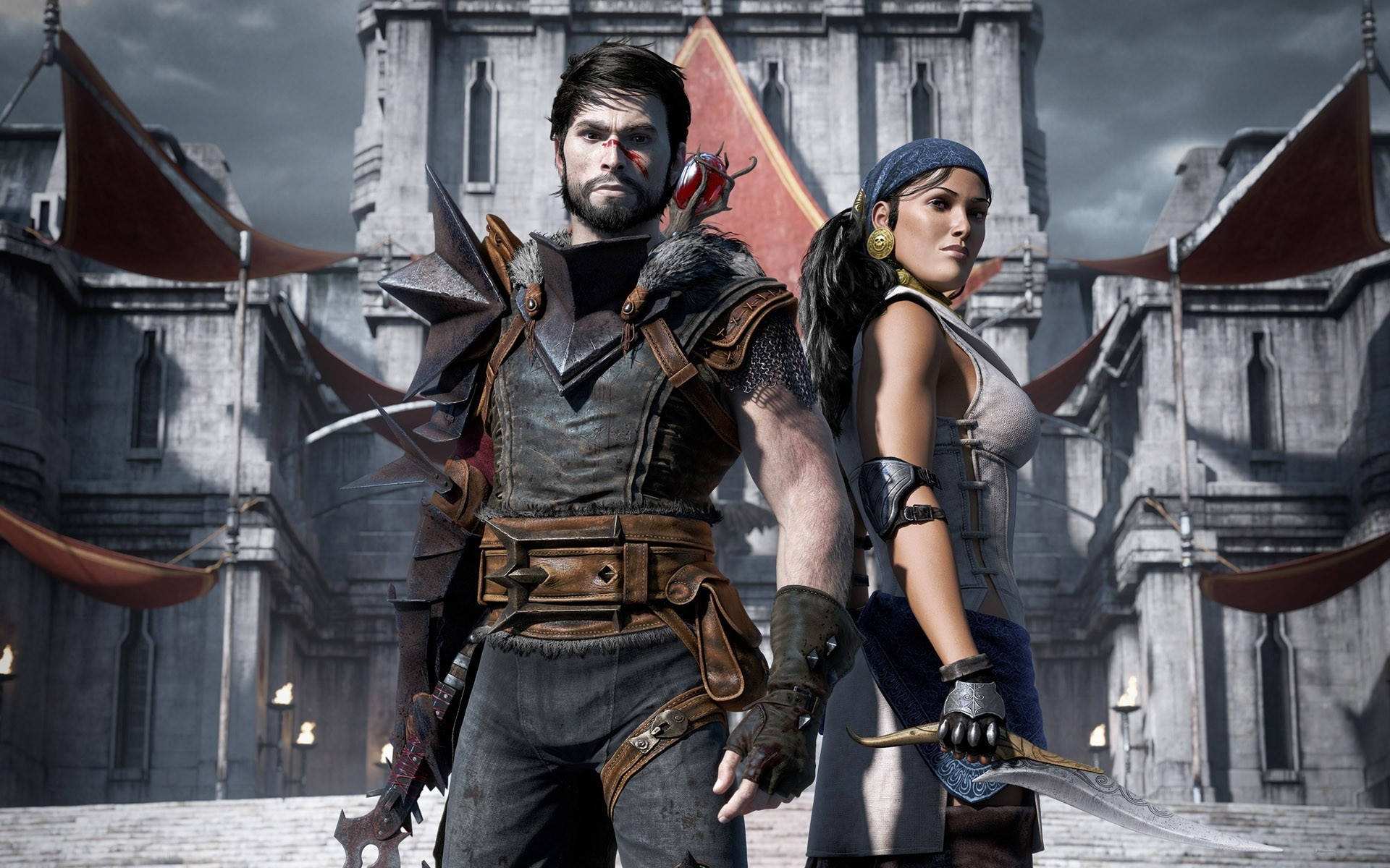 Dragon Age 桌布 壁紙 — 兩名身穿盔甲的奇幻戰士站在一座哥德式城堡前，城堡上有紅色旗幟，天空風暴密佈。