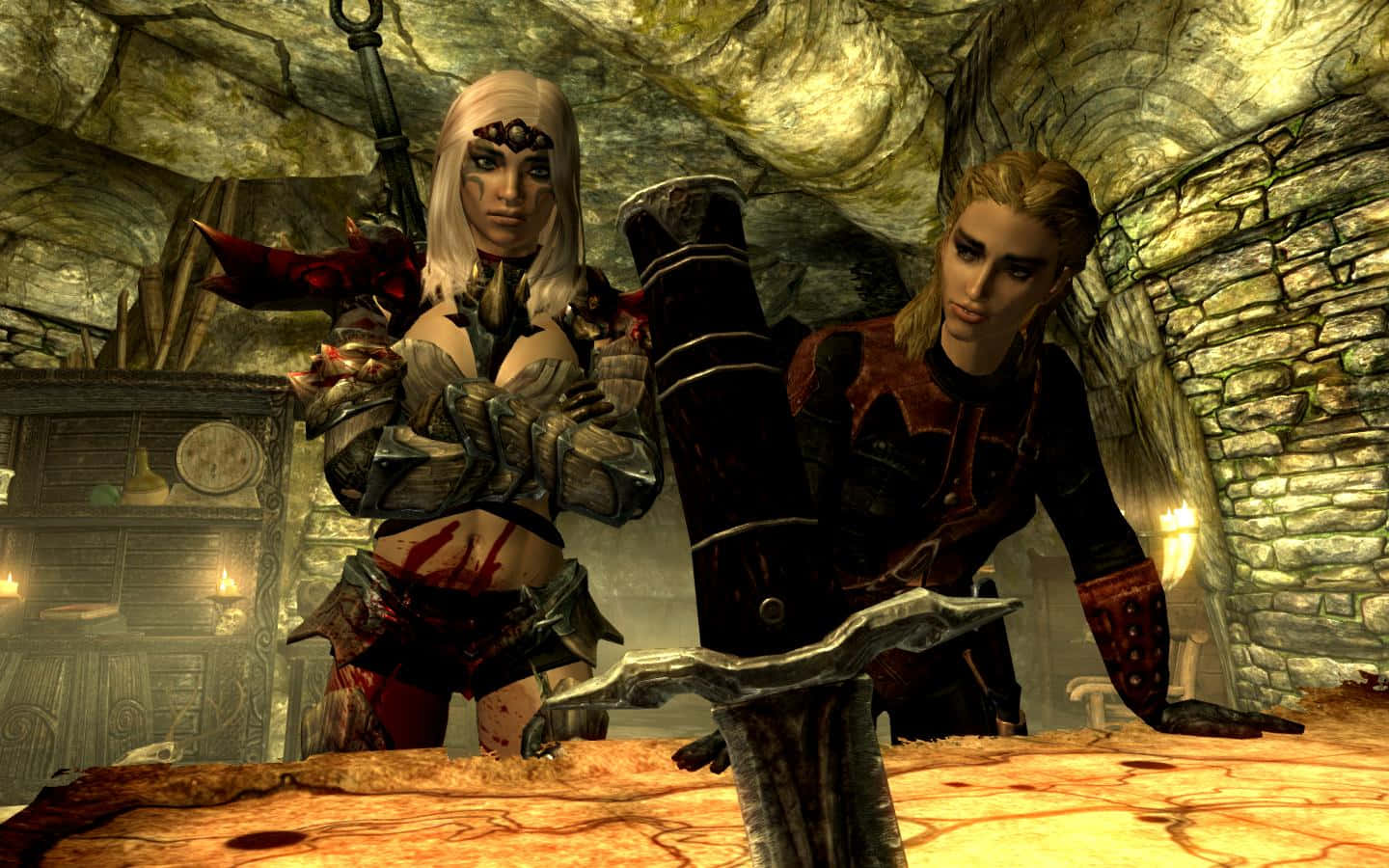 Skyrim Astrid 桌布 壁紙 — 兩名身穿盔甲的奇幻戰士站在昏暗的石頭地牢中，地板上插著一把大劍。
