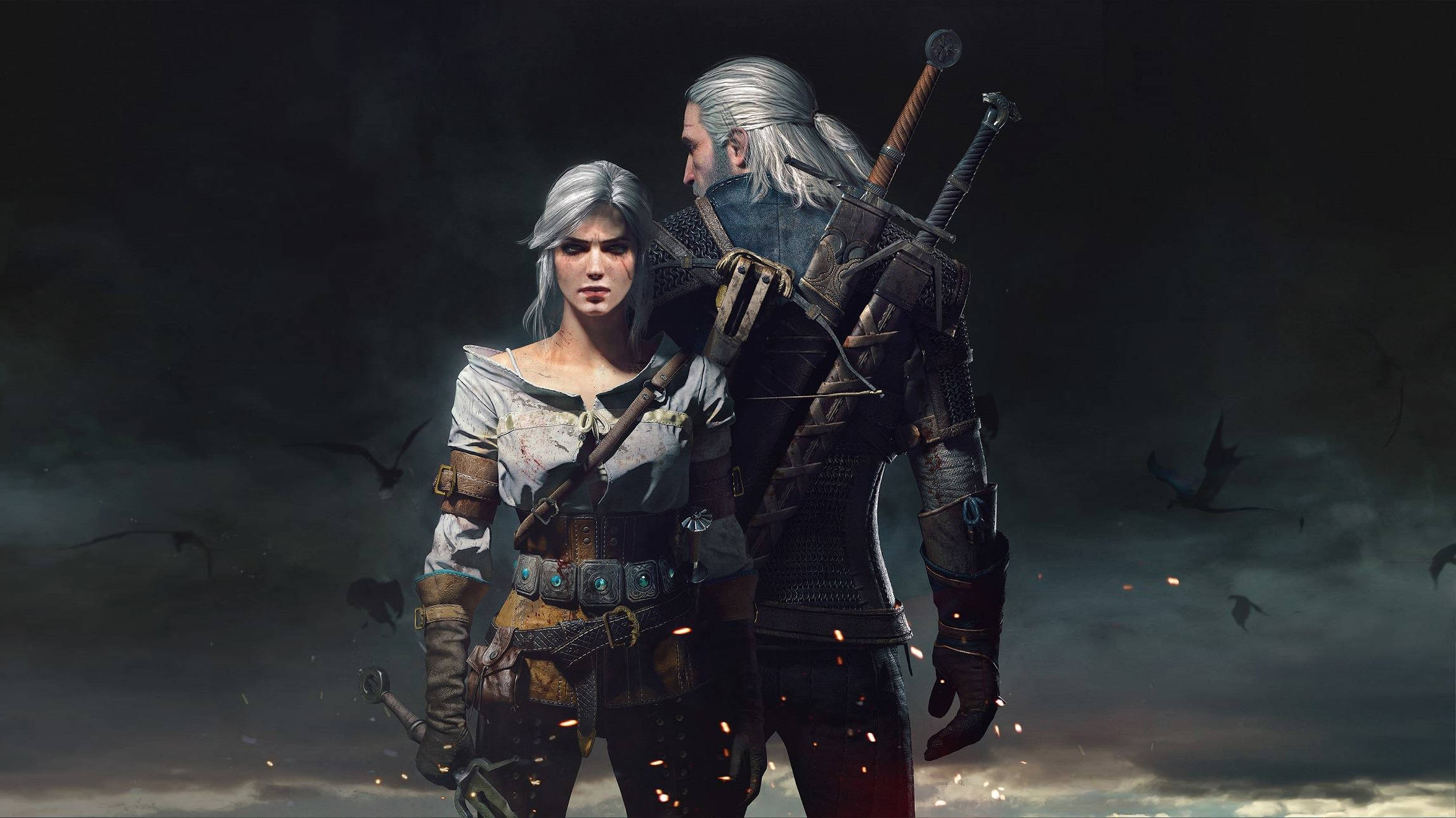 The Witcher 3 桌布 壁紙 — 兩名身穿盔甲的奇幻戰士站在暴風雨的天空下，背光中閃爍著餘燼，黑暗的鳥兒在他們周圍飛翔。