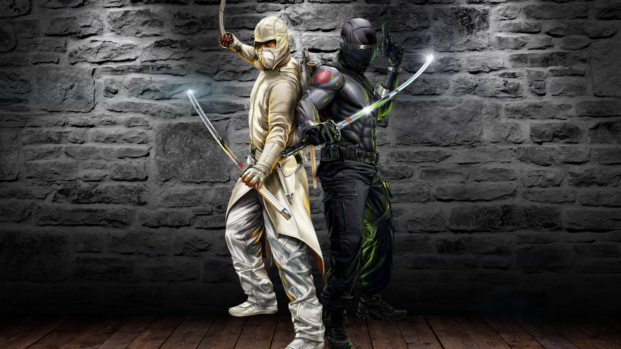 Snake Eyes 桌布 壁紙 — 兩名身穿盔甲的忍者戰士在木地板上，手持發光劍，背靠深色石牆，擺好姿勢。