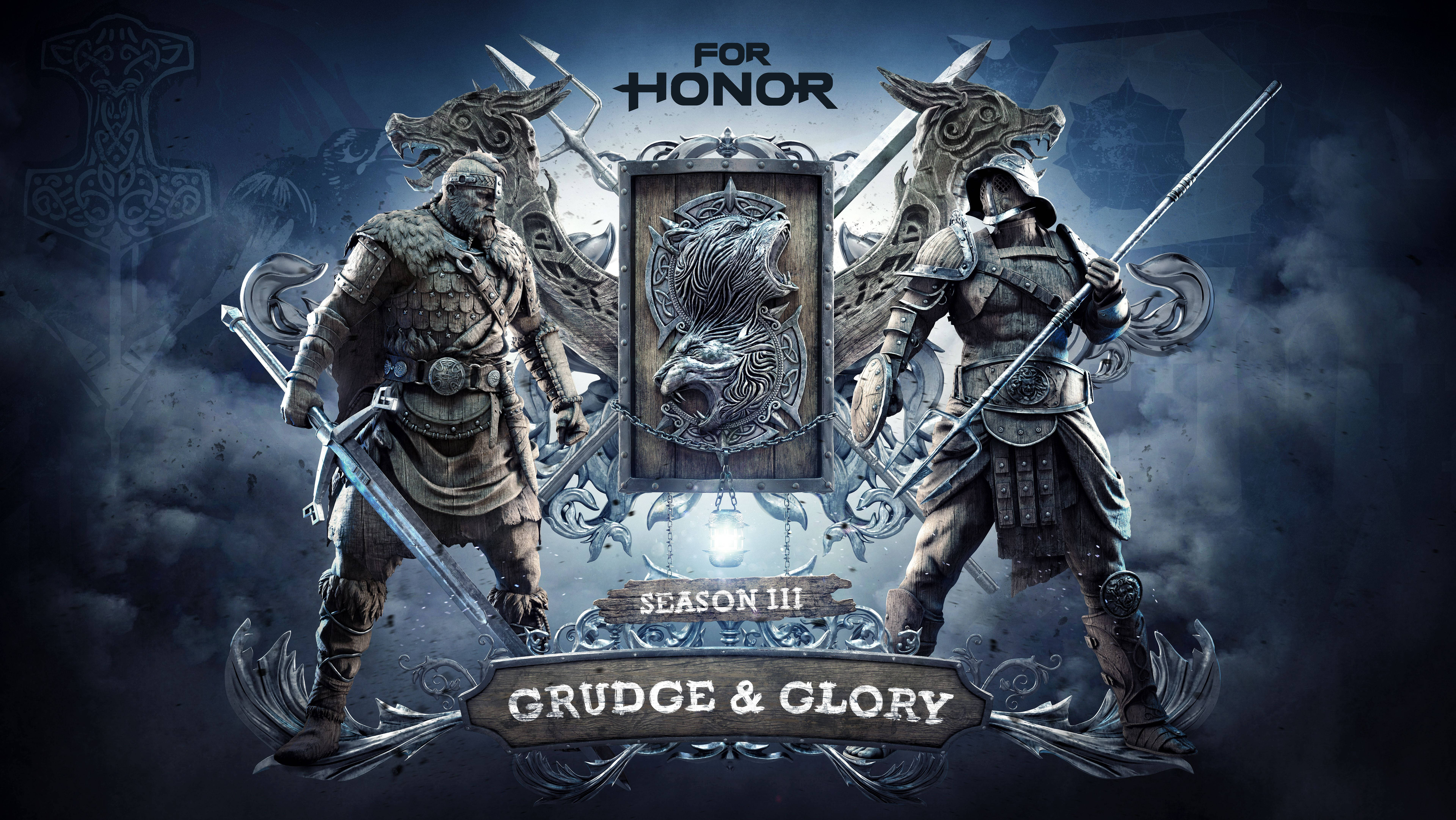 Honor 桌布 壁紙 — 兩名身穿盔甲的戰士以戰鬥姿態站在一個帶有狼徽章的盾牌兩側，背景是暴風雨的黑暗天空。