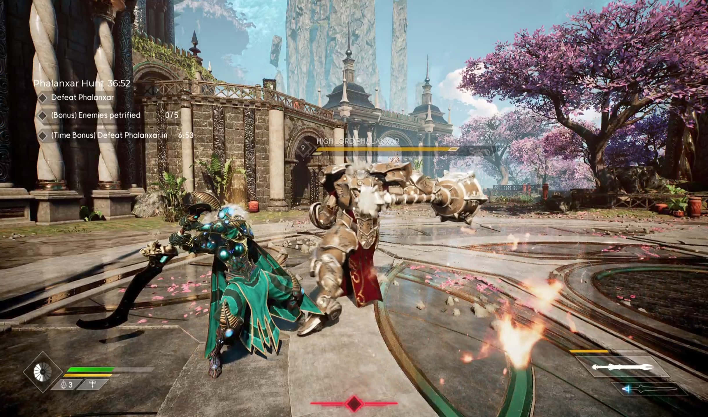 Game Art 桌布 壁紙 — 兩名身穿盔甲的戰士在一個充滿活力的奇幻競技場中交鋒，周圍有盛開的粉紅色樹木和古老的石頭建築。