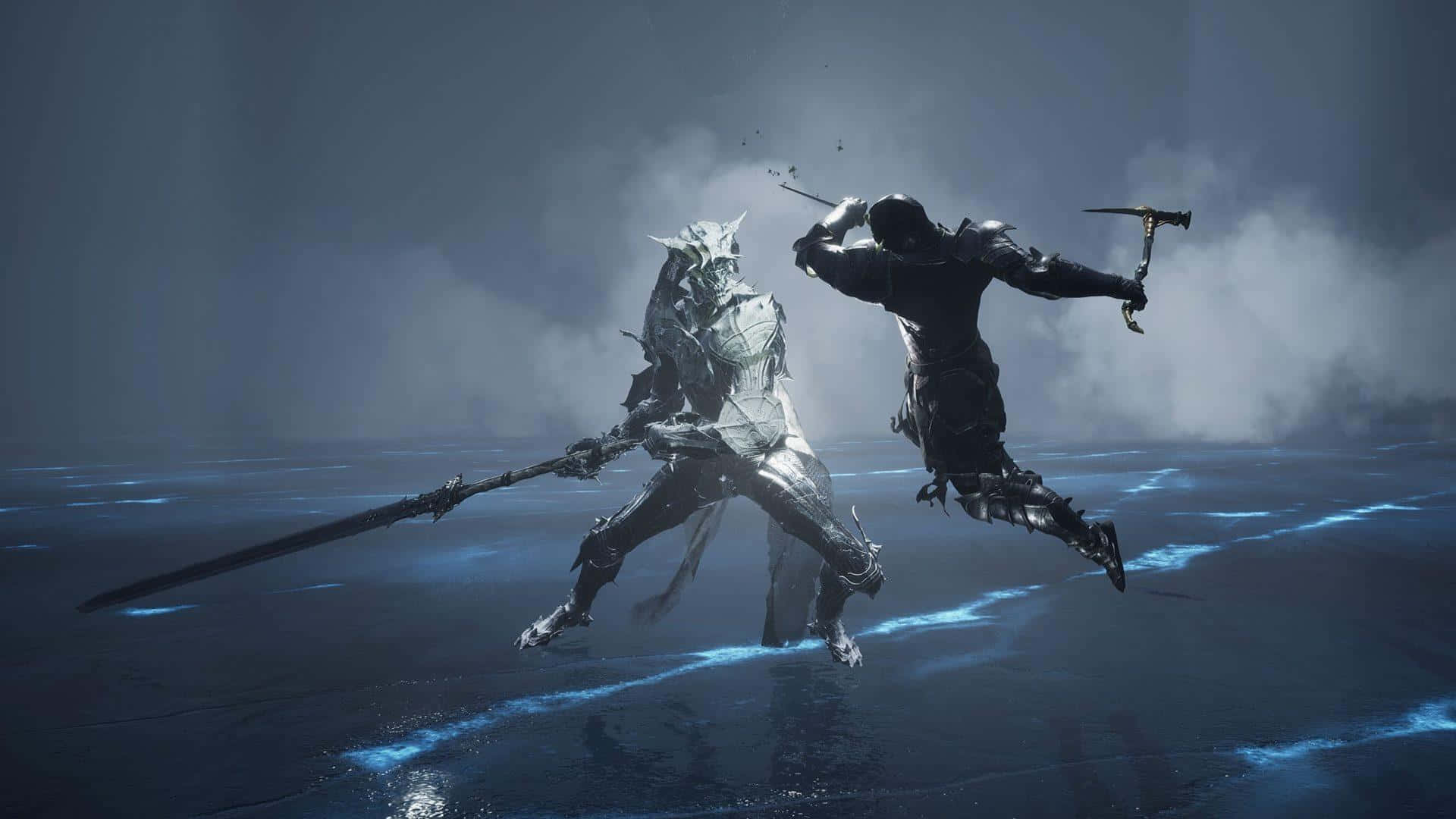 Best Destiny 2 桌布 壁紙 — 兩名身穿盔甲的戰士在冰凍、霧氣瀰漫的景觀中交鋒，腳下是發光的藍色冰層。