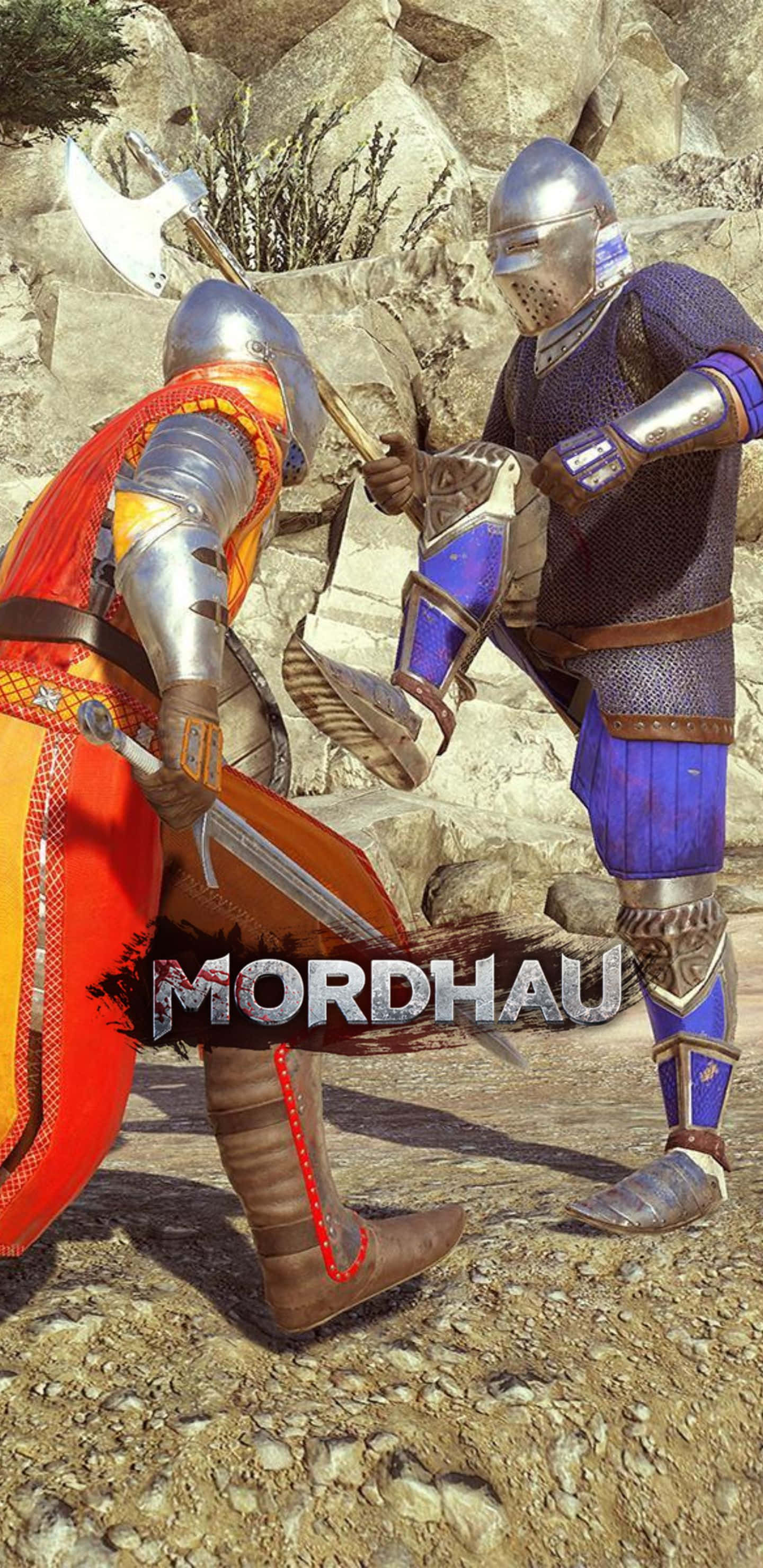 Pixel 3xl Mordhau 桌布 壁紙 — 兩名身穿盔甲的戰士在岩石戶外競技場中，在明亮的日光下使用中世紀武器交鋒。