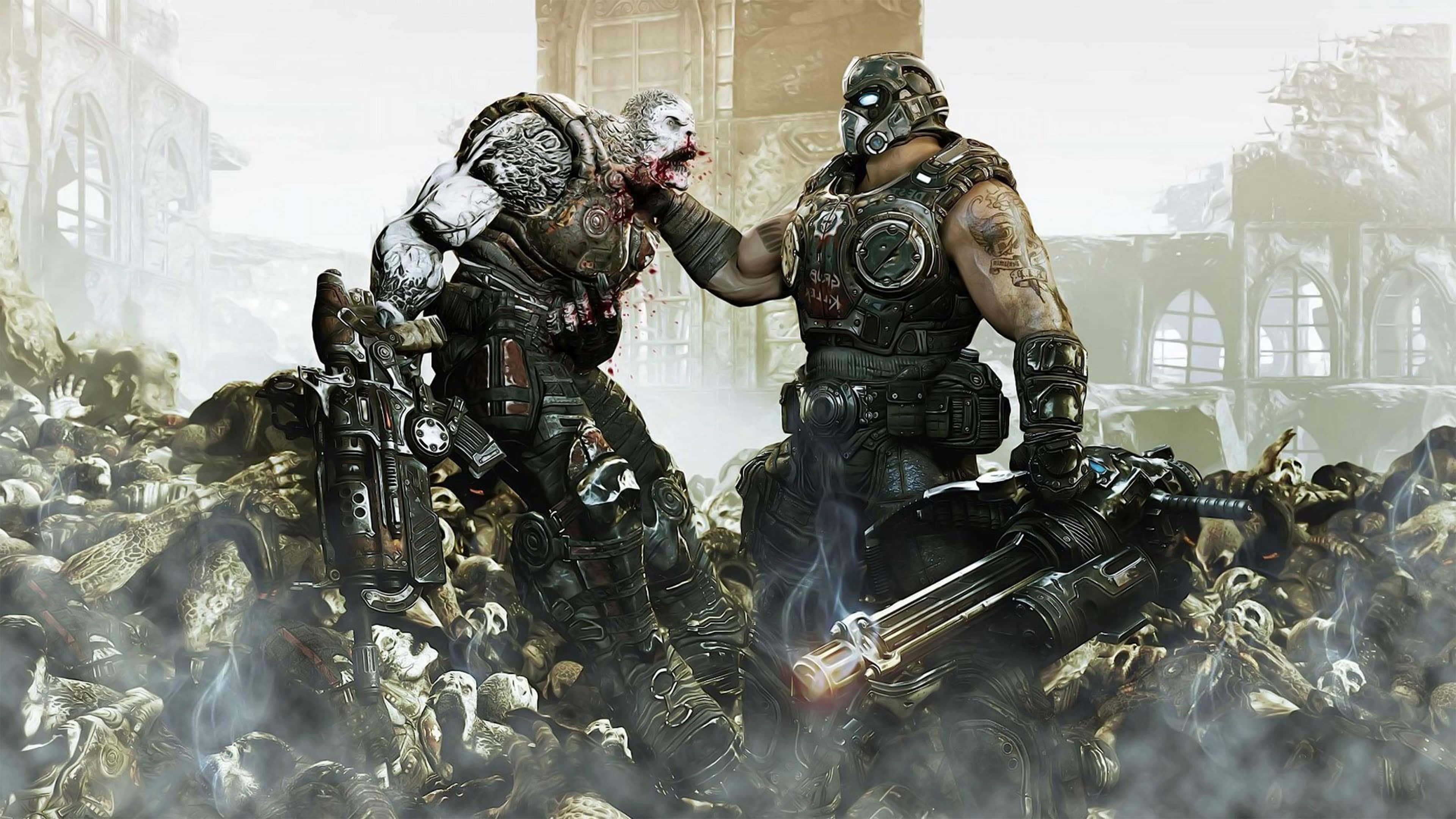 4K Gears Of War 5 桌布 壁紙 — 兩名身穿盔甲的戰士在廢墟城市中，在堆積如山的頭骨和煙霧中戰鬥。