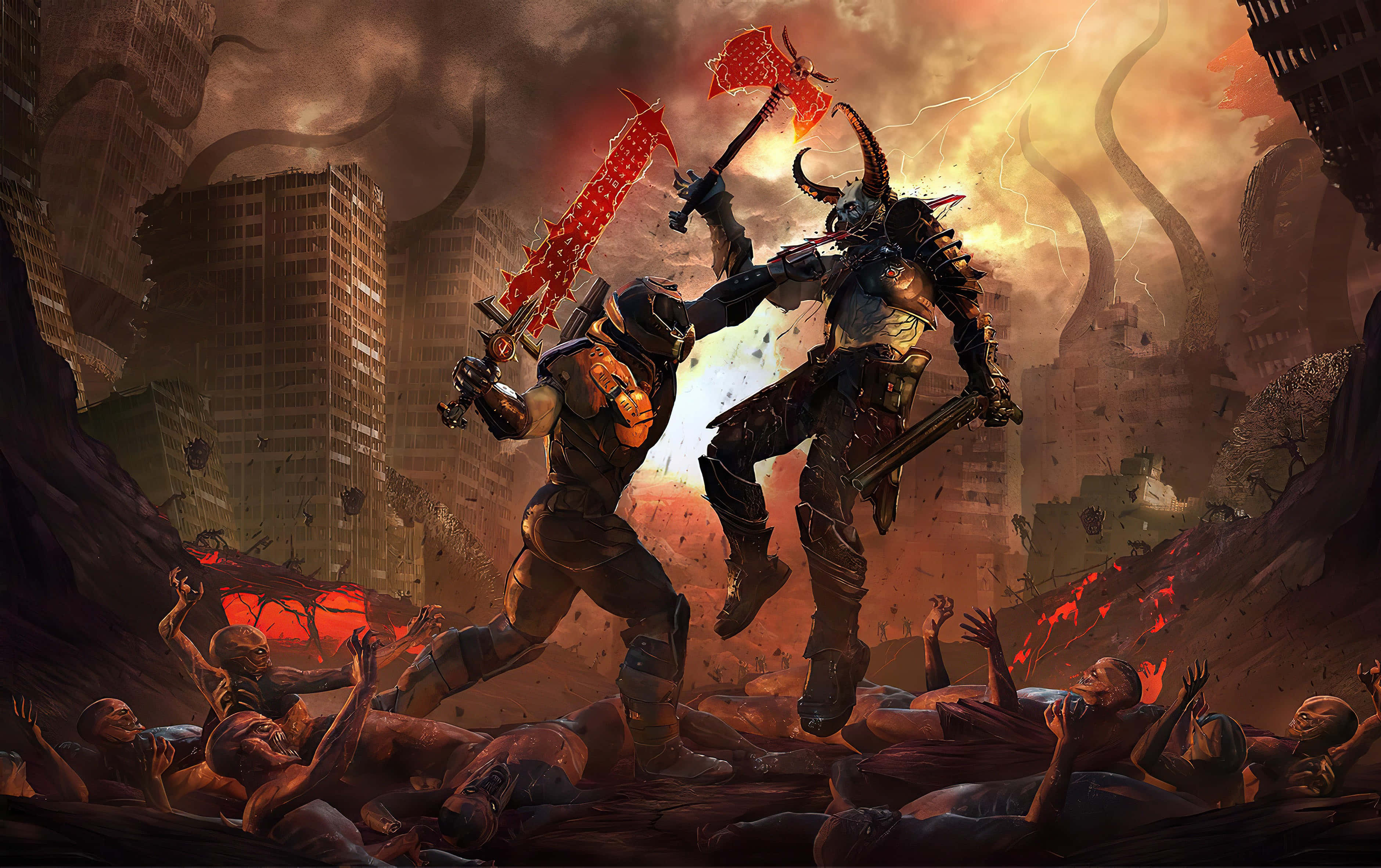 Doom Slayer 桌布 壁紙 — 兩名身穿盔甲的戰士在廢墟城市中交鋒，閃電擊中倒下的敵人上方。