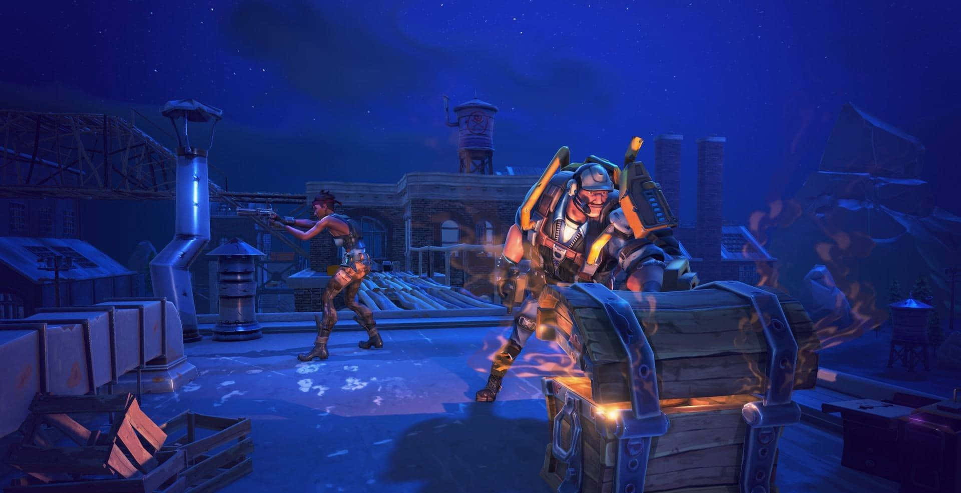 Fye No Skin Fortnite 桌布 壁紙 — 兩名身穿盔甲的戰士在星空下的屋頂上交鋒，伴隨著發光的武器和熾熱的爆炸。