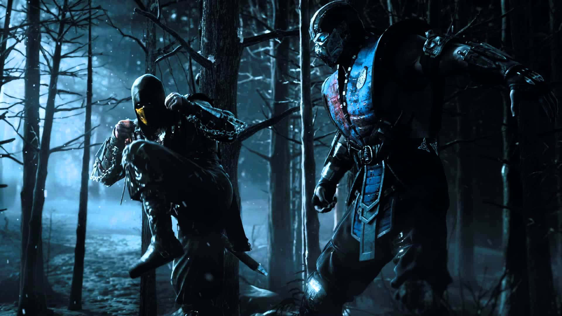 Mortal Kombat Fatality 桌布 壁紙 — 兩名身穿盔甲的戰士在月光下的雪林中交鋒，周圍是光禿的樹木和飄落的雪花。