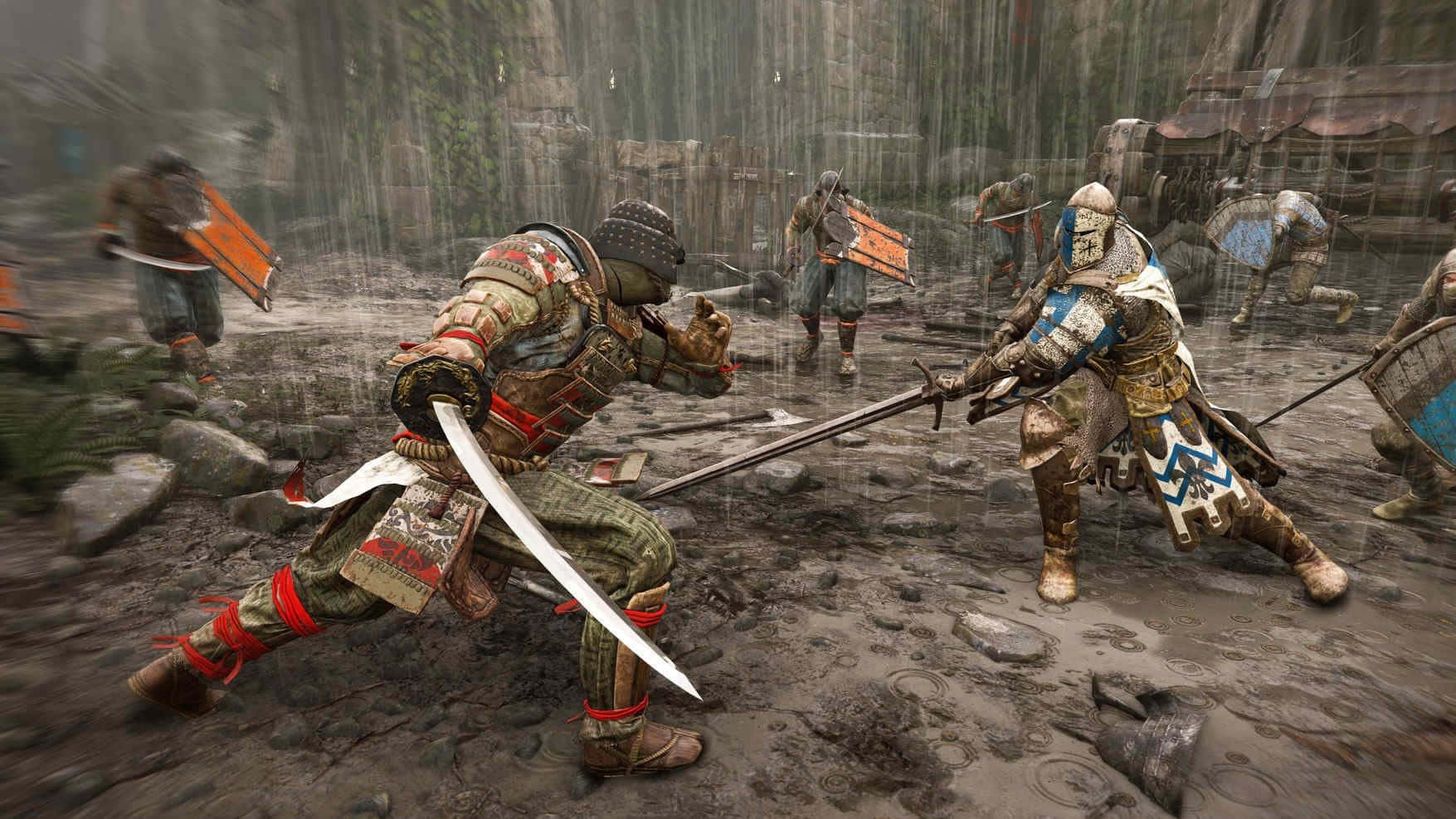 Female Samurai For Honor 桌布 壁紙 — 兩名身穿盔甲的戰士在泥濘雨濕的戰場上交劍，背景有其他戰士。