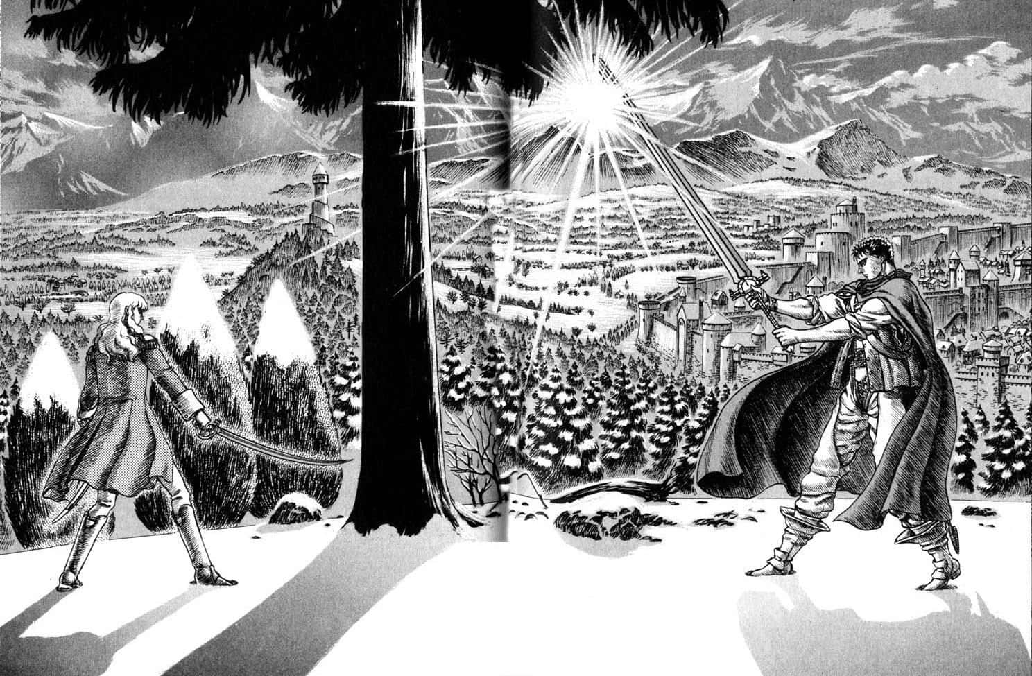 Berserk Manga 桌布 壁紙 — 兩名身穿盔甲的戰士在白雪覆蓋的森林空地中揮劍交鋒，遠方有城堡和山脈，陽光燦爛。