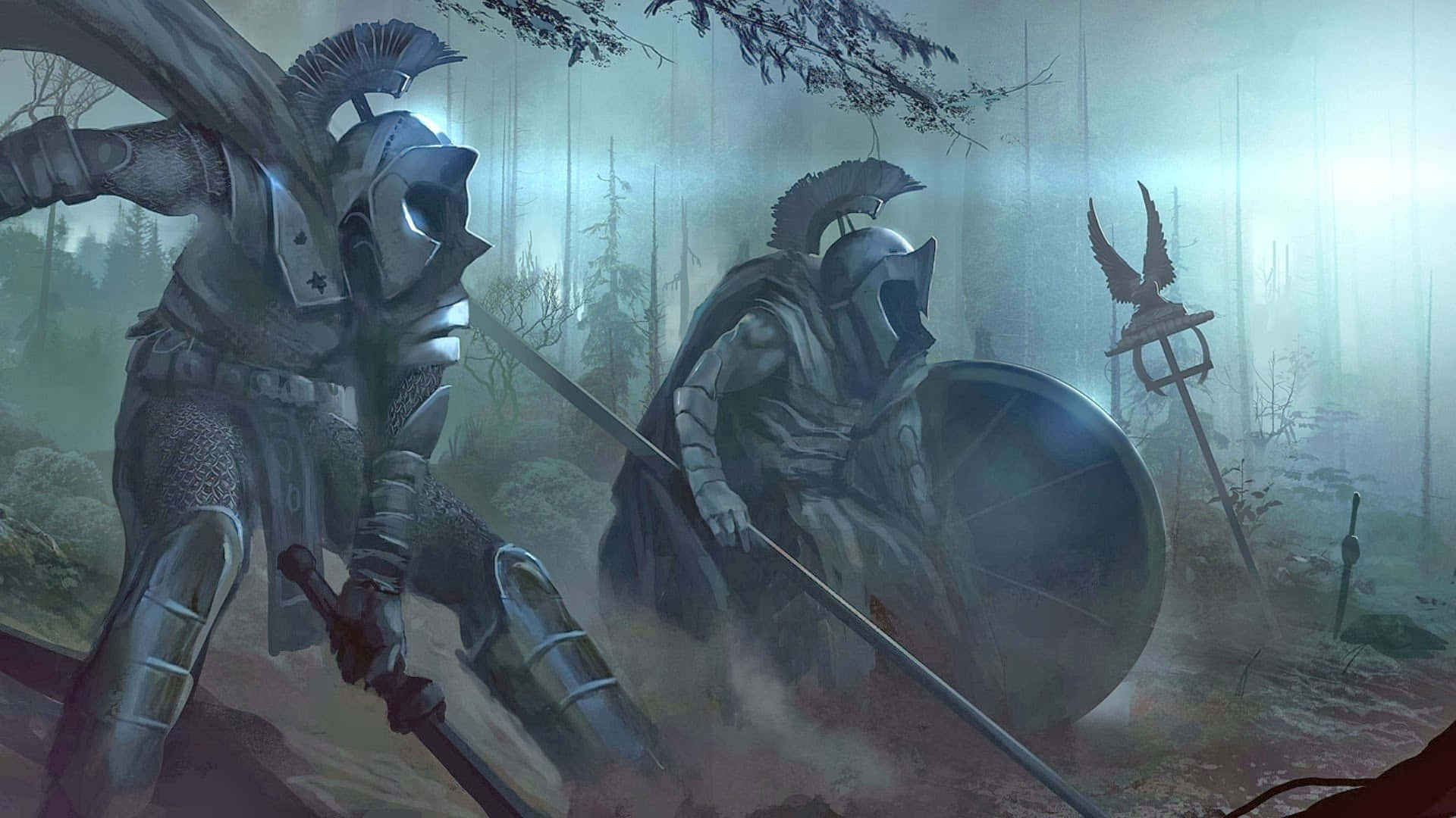 Spartan 桌布 壁紙 — 兩名身穿盔甲的戰士在迷霧森林中，在詭異發光的光線下用劍和盾牌交鋒。