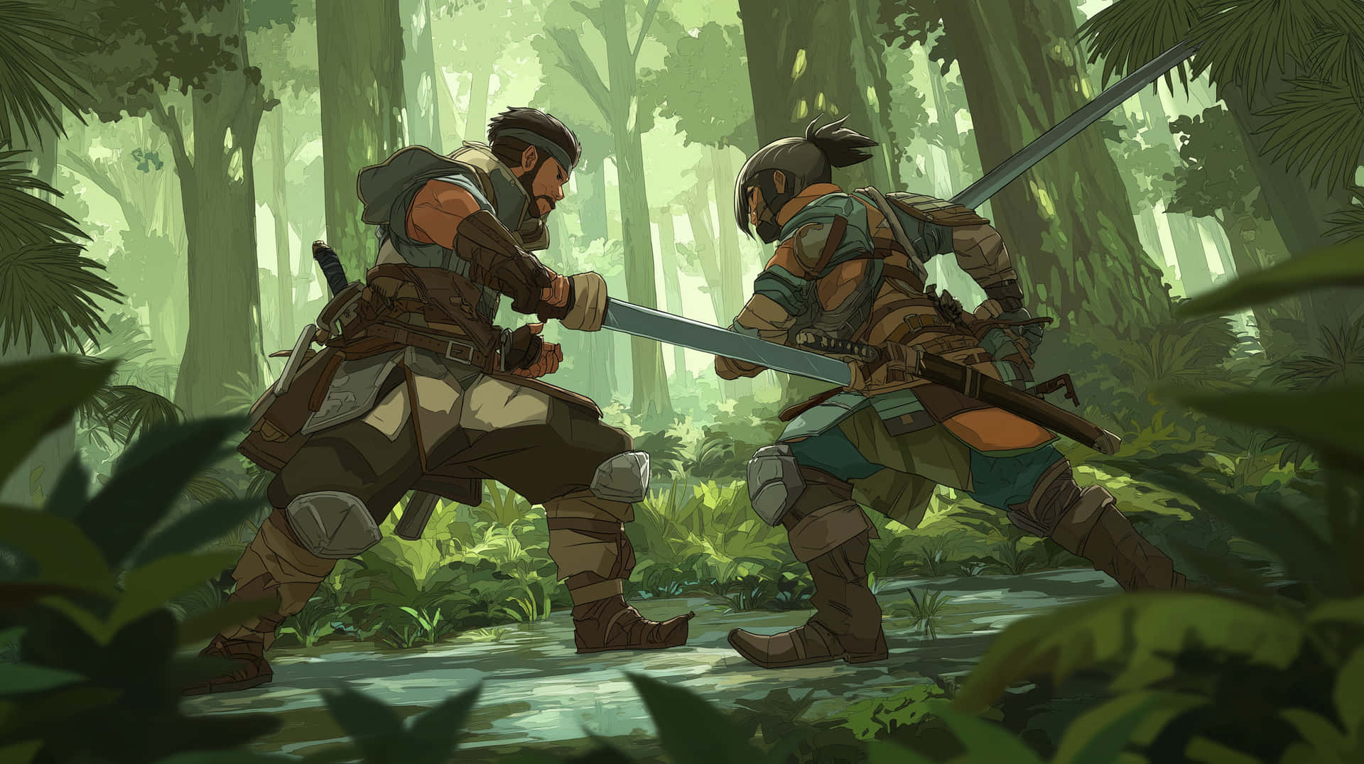 Dynamic Duel in a Lush Forest Environment 壁紙 — 兩名身穿盔甲的戰士在迷霧籠罩的叢林中交鋒，周圍是高聳的樹木，斑駁的陽光穿過樹冠灑落。