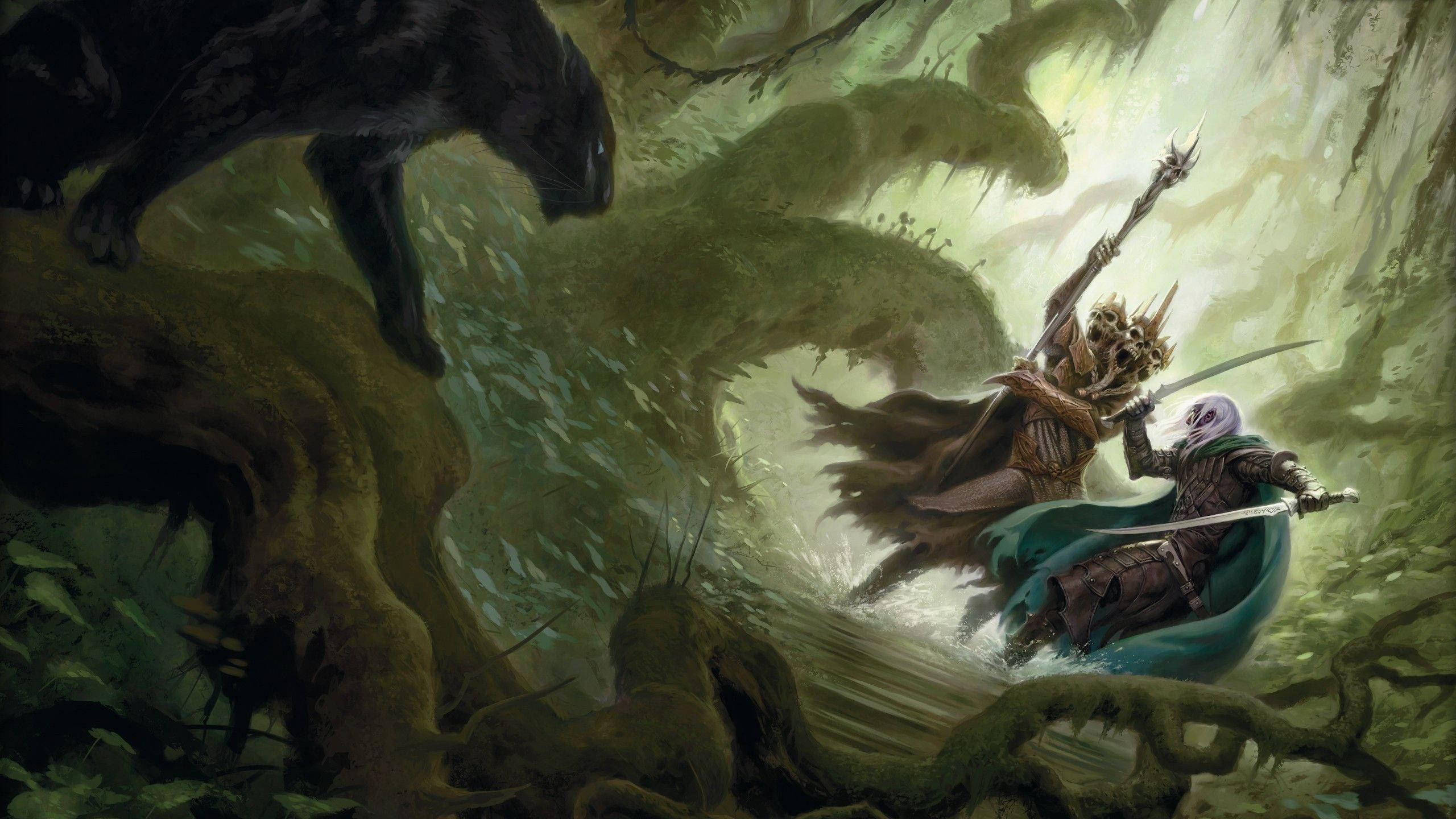 Dragons 桌布 壁紙 — 兩名身穿盔甲的戰士在迷霧籠罩的魔法森林中交鋒，一隻黑豹從上方注視著。