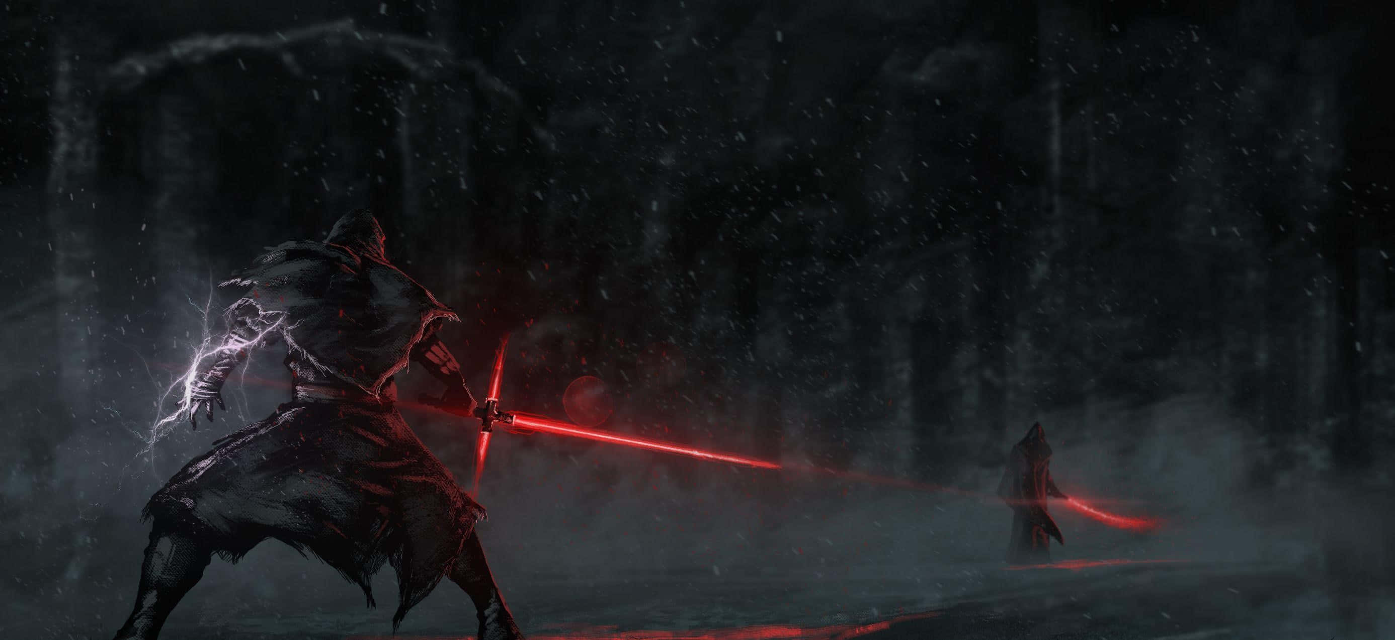 the force awakens 桌布 壁紙 — 兩名身穿盔甲的戰士在雪地森林中交鋒，發光的紅色刀刃在飄落的雪上投下詭異的光芒。