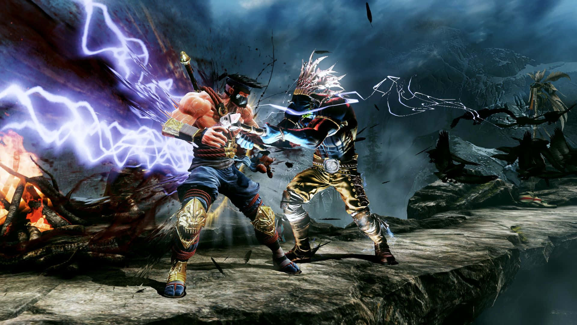 Xbox Games 桌布 壁紙 — 兩名身穿盔甲的戰士在風暴中的山脈競技場上碰撞，伴隨著噼啪作響的閃電和熾熱的爆炸。