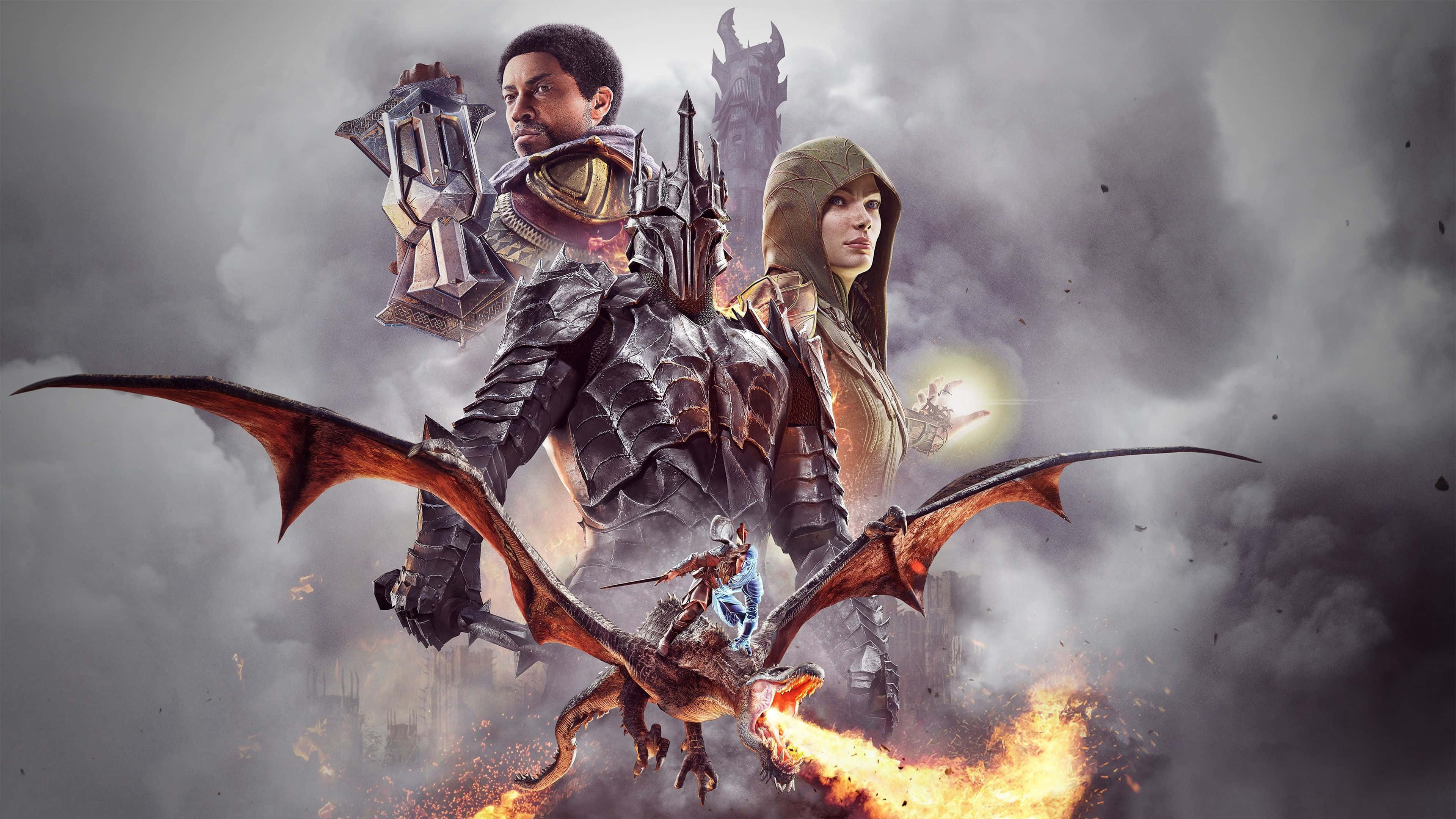4K Shadow Of War 桌布 壁紙 — 兩名身穿盔甲的戰士站在一條噴火龍上，背景是暴風雨的天空和一座城堡。
