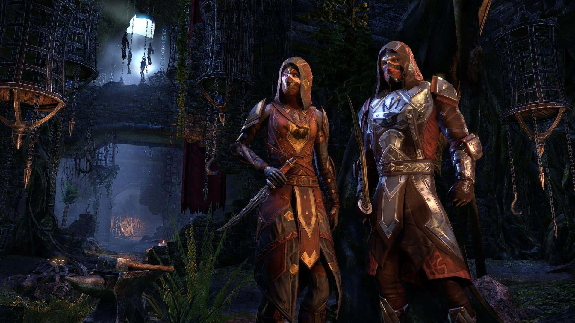 Dark Brotherhood 桌布 壁紙 — 兩名身穿盔甲的戰士站在黑暗的叢林寺廟中，周圍有懸掛的籠子和遠處的人影，下方是一扇發光的窗戶。