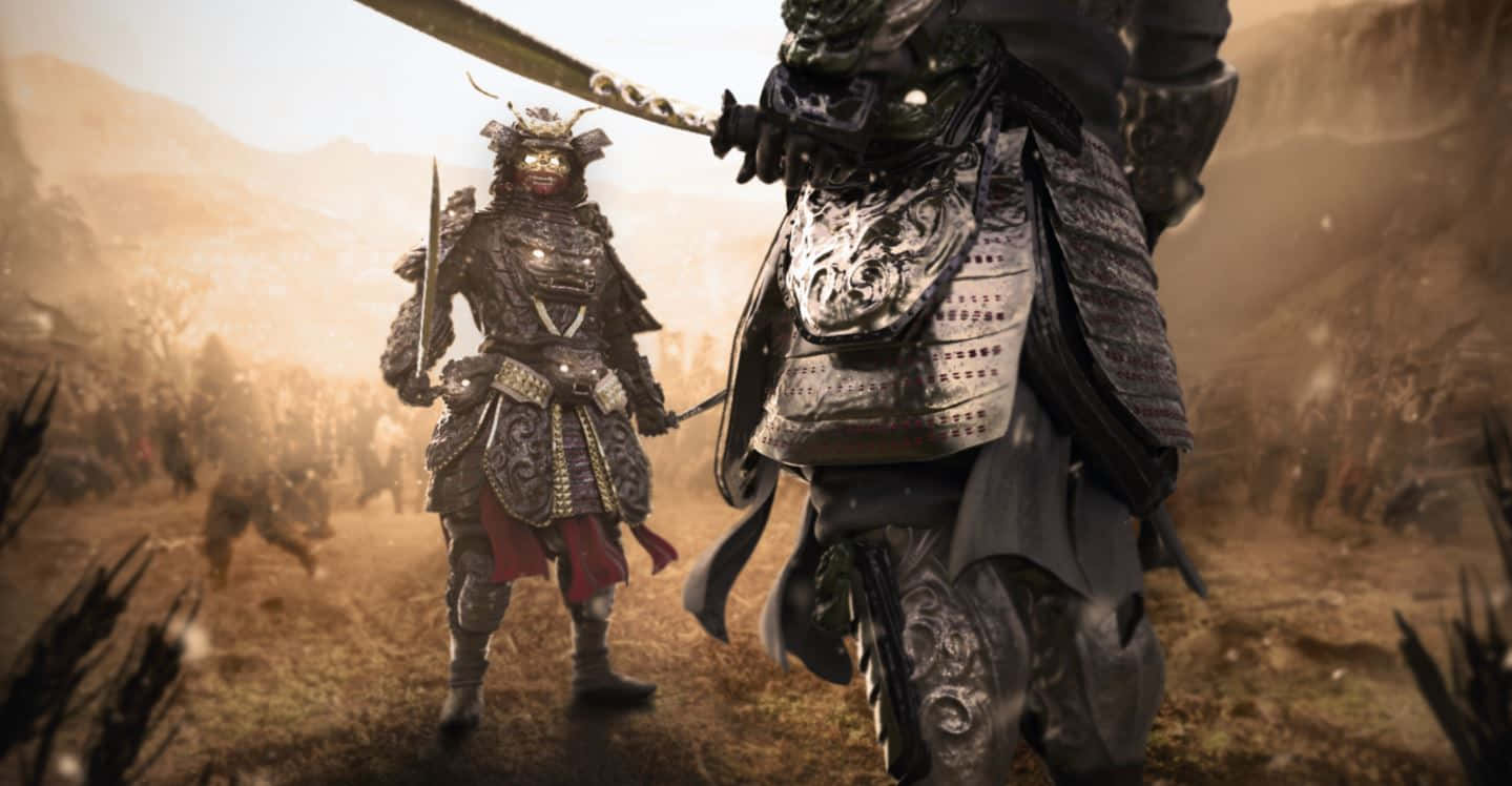 Samurai Armor 桌布 壁紙 — 兩名身穿盔甲的武士戰士在塵土飛揚的戰場上對峙，背景是朦朧的山脈。