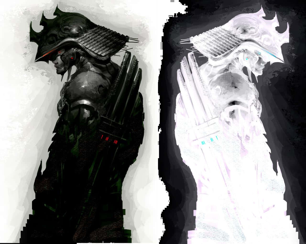 Black And White Samurai 桌布 壁紙 — 兩名身穿盔甲的武士戰士形成鮮明對比——一個黑暗而威嚇，另一個閃耀著白光——襯以紋理背景。