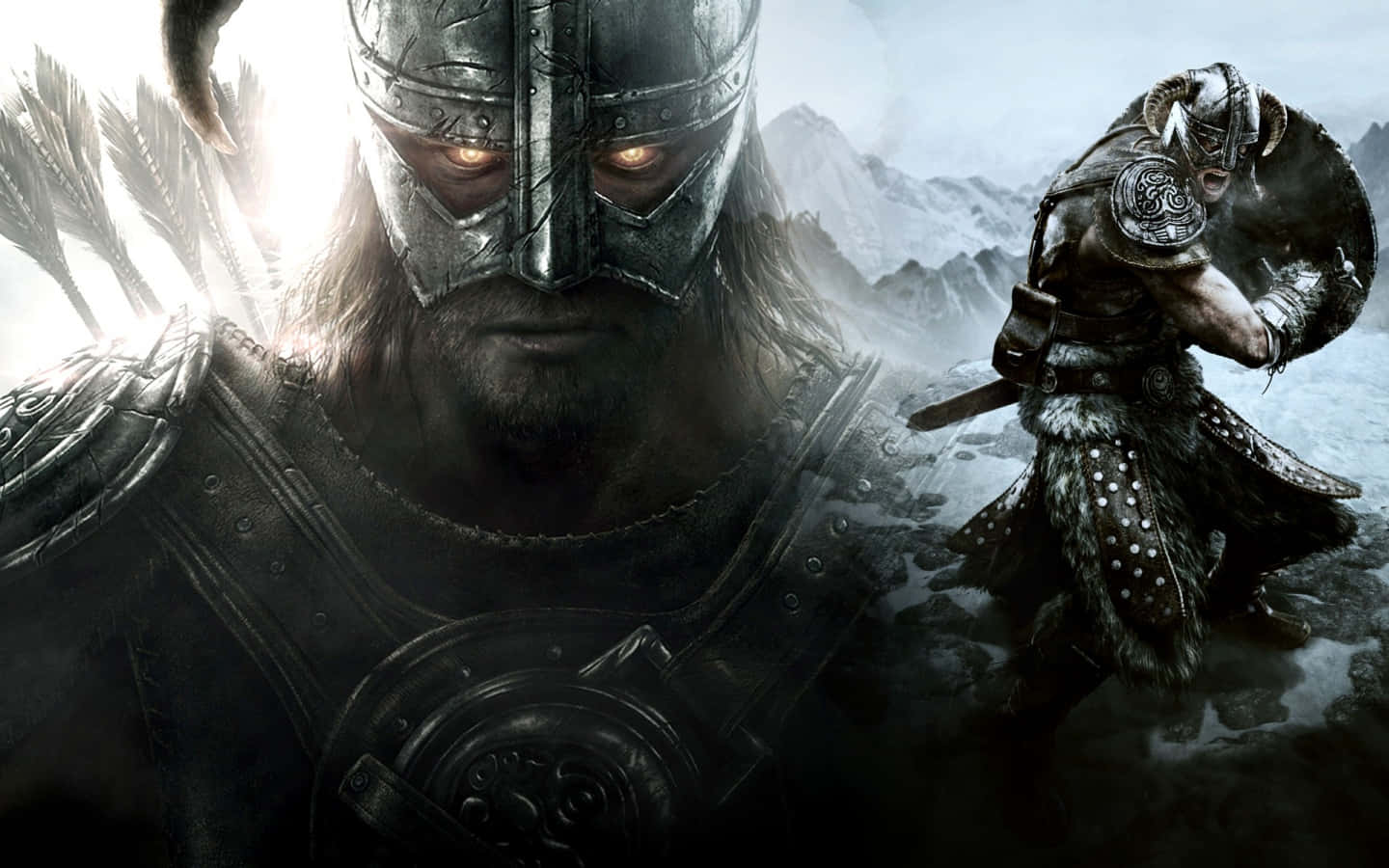 dovahkiin 桌布 壁紙 — 兩名身穿盔甲的維京戰士站在白雪皚皚的山景中，一人眼睛發光，另一人手持盾牌和斧頭。