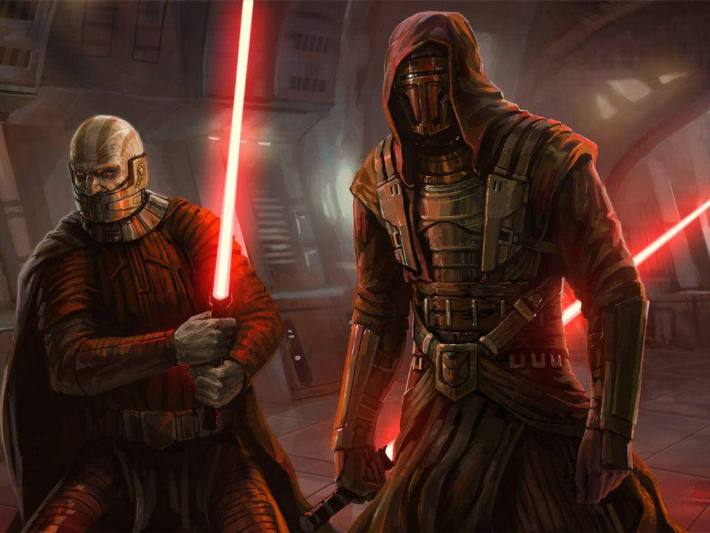 Revan 桌布 壁紙 — 兩名身穿盔甲的西斯戰士站在昏暗的走廊中，揮舞著發出紅光的雷射劍，投射出戲劇性的陰影。
