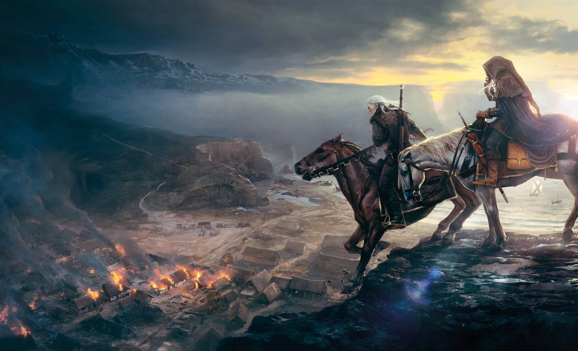The Witcher 3 桌布 壁紙 — 兩名身穿盔甲的騎兵騎在馬背上，俯瞰日落時分霧氣瀰漫的山谷中一個燃燒的村莊。