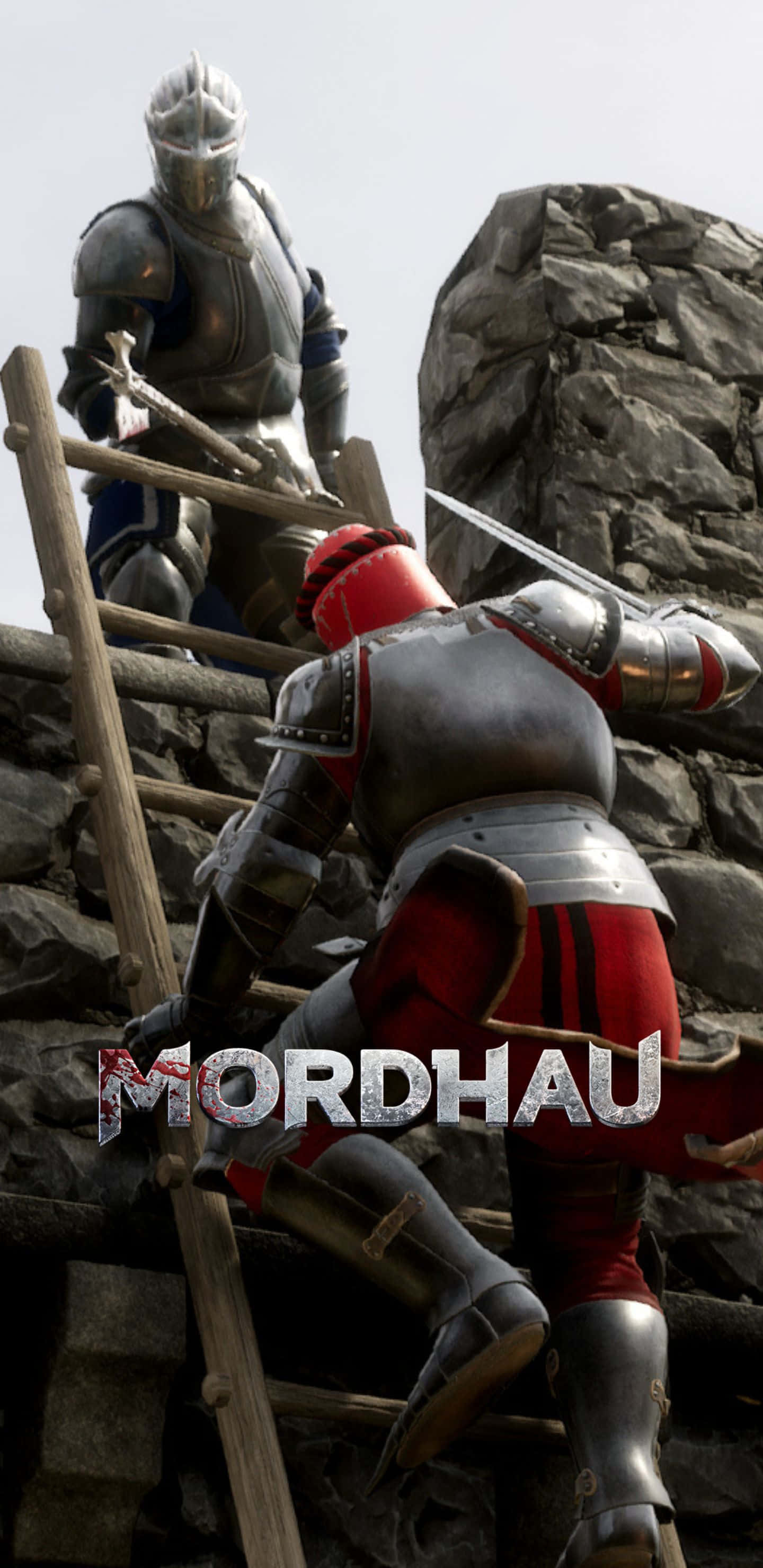Pixel 3xl Mordhau 桌布 壁紙 — 兩名身穿盔甲的騎士在 gritty 中世紀戰鬥場景中攀爬靠在石牆上的木梯。