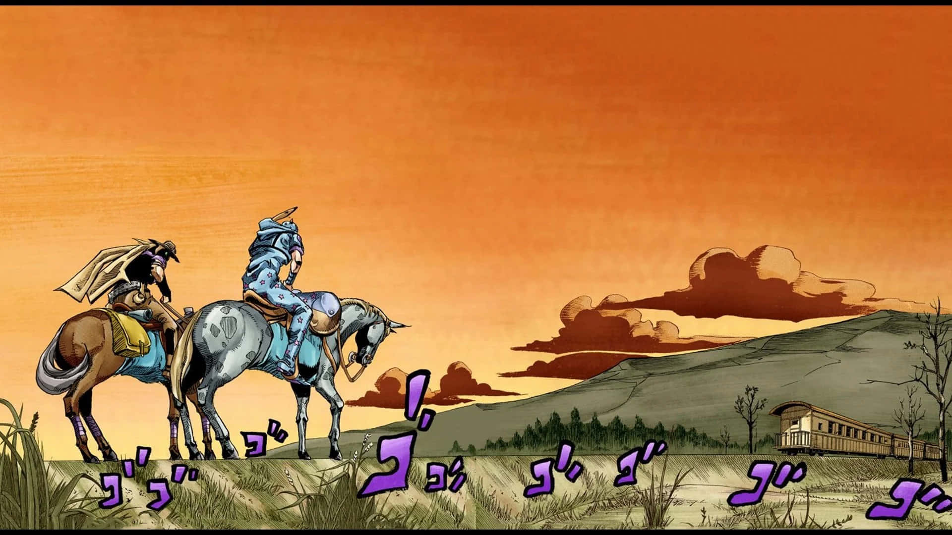Jojo Steel Ball Run 桌布 壁紙 — 兩名身穿盔甲的騎手騎著馬奔馳過草地平原，背景是火紅橙色的日落天空、遠山和火車。