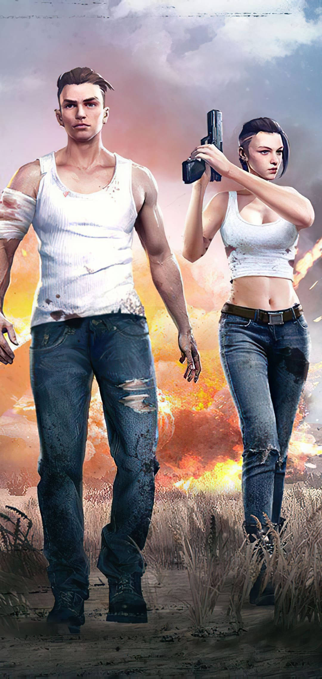 free fire 2021 桌布 壁紙 — 兩名身穿破爛衣服的武裝倖存者走過田野，背後在暴風雨的天空下發生爆炸。