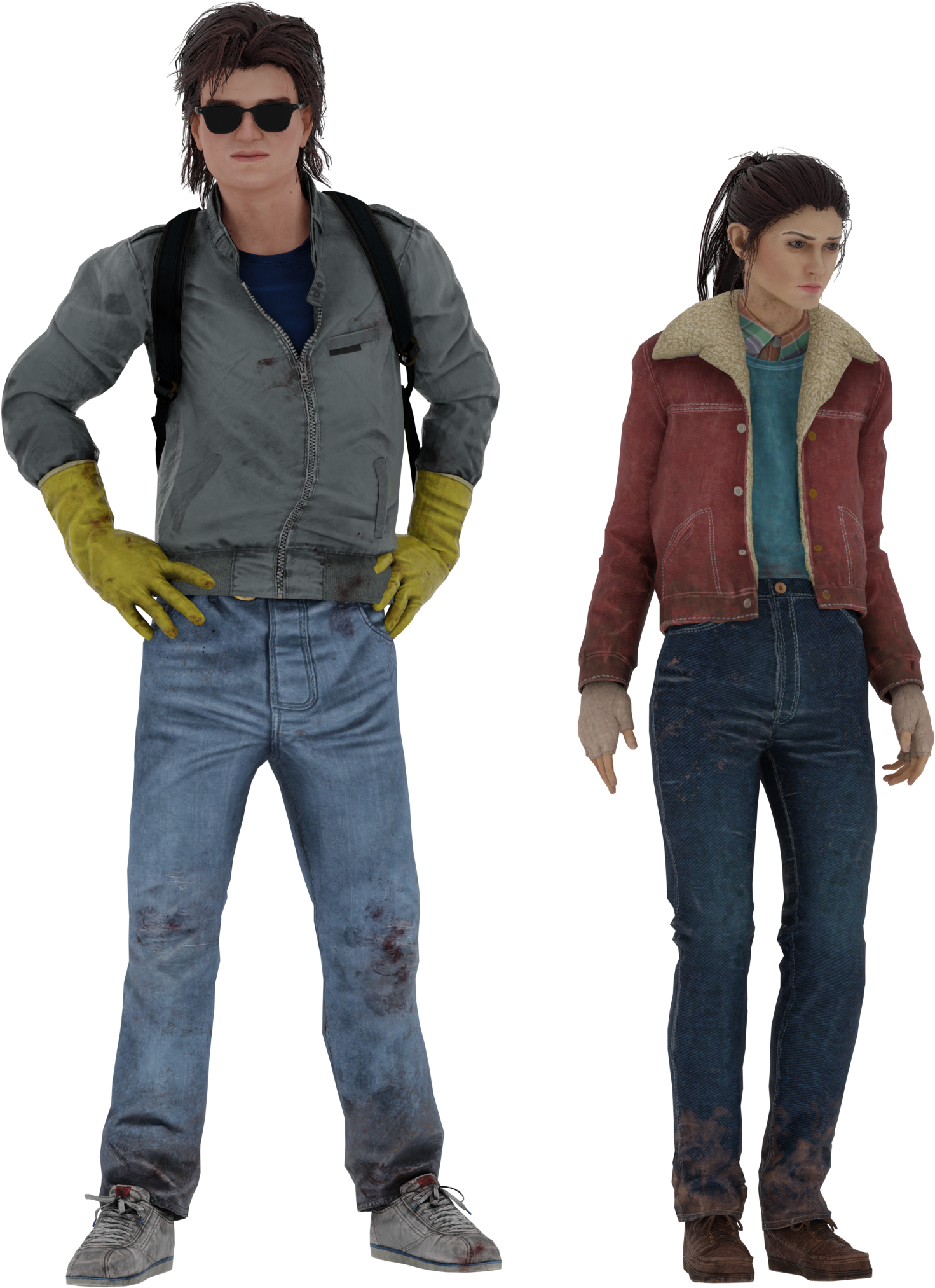 Dead By Daylight 桌布 壁紙 — 兩名身穿破舊外套和污漬牛仔褲的強悍倖存者，以堅定的表情站在黑色背景前。