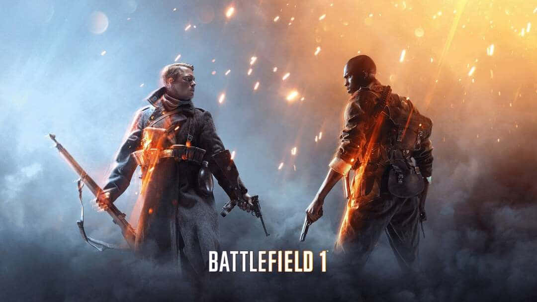 Battlefield 桌布 壁紙 — 兩名身穿第一次世界大戰裝備的士兵，在暮色天空下，以煙霧瀰漫的戰場為背景，被熾熱的火花逆光照射著。
