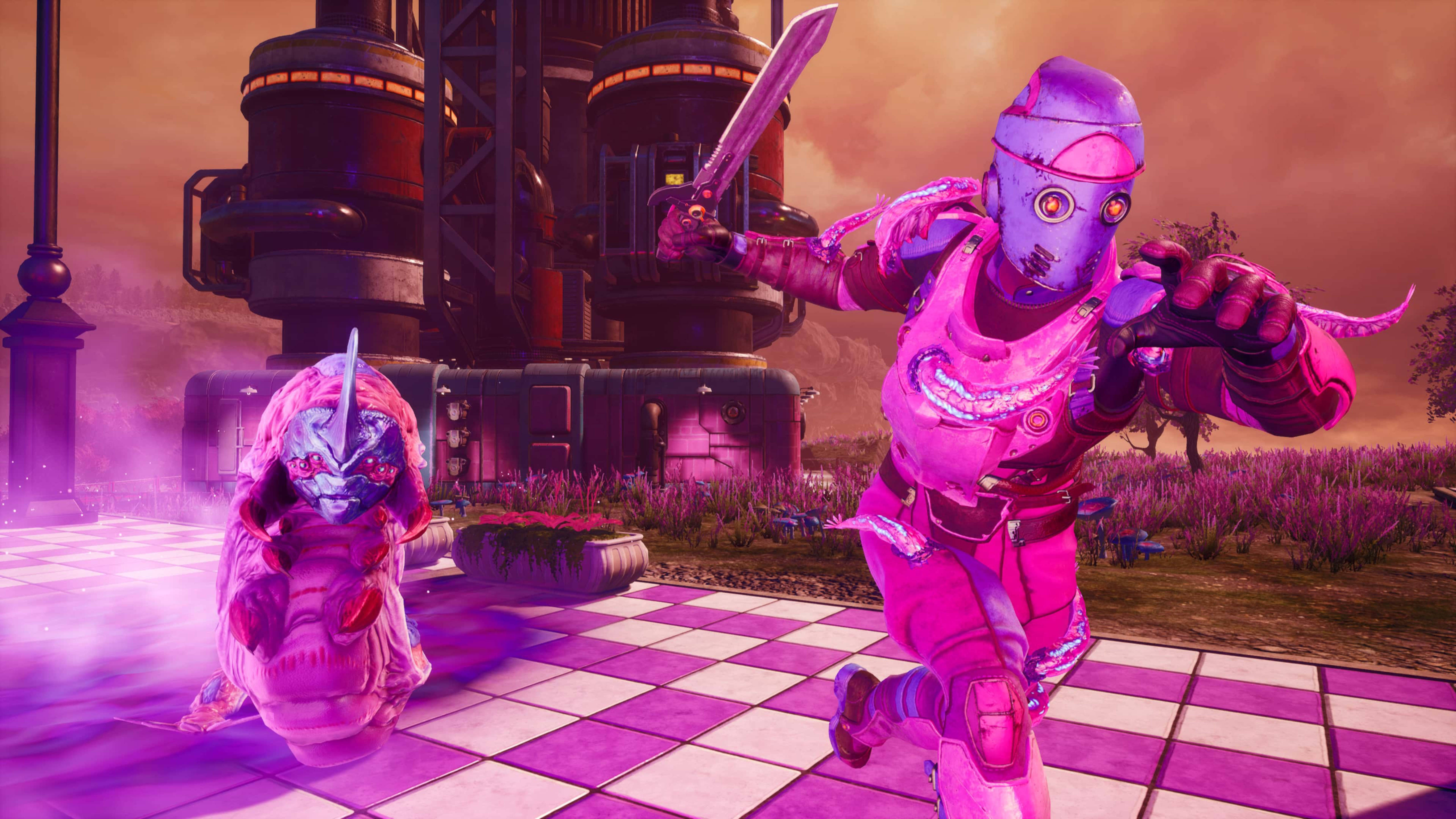 Outer Worlds 桌布 壁紙 — 兩名身穿粉紅色裝甲的外星戰士在方格廣場上碰撞，背景是發光的日落天空。