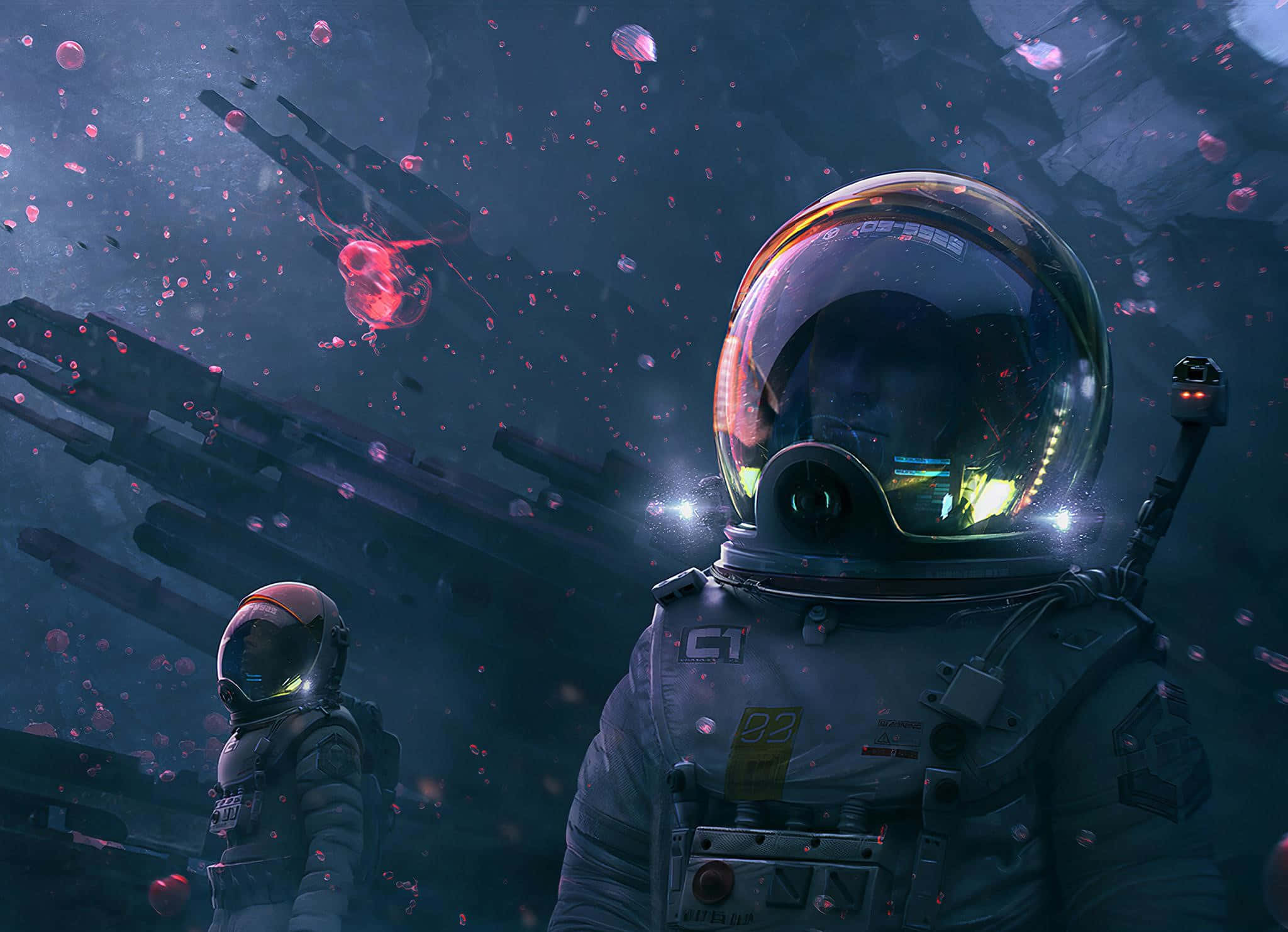 Amazing Astronaut 桌布 壁紙 — 兩名身穿精細太空衣的太空人在黑暗的宇宙虛空中漂浮，周圍是發光的粉紅色水母和廢棄的太空船。