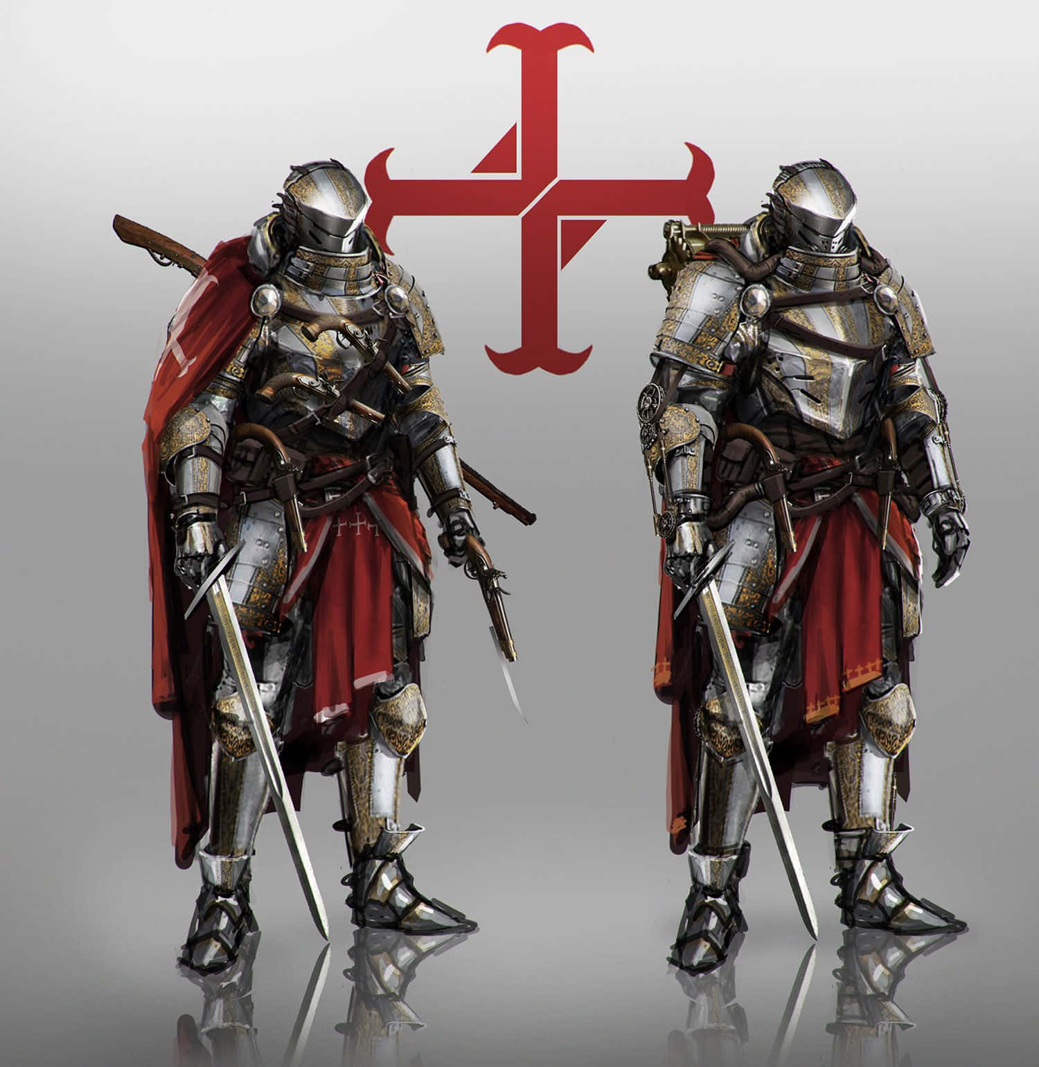 Crusader 桌布 壁紙 — 兩名身穿精細銀色和金色板甲的騎士，手持劍，站在帶有紅色風格化十字徽章的純灰色背景前。