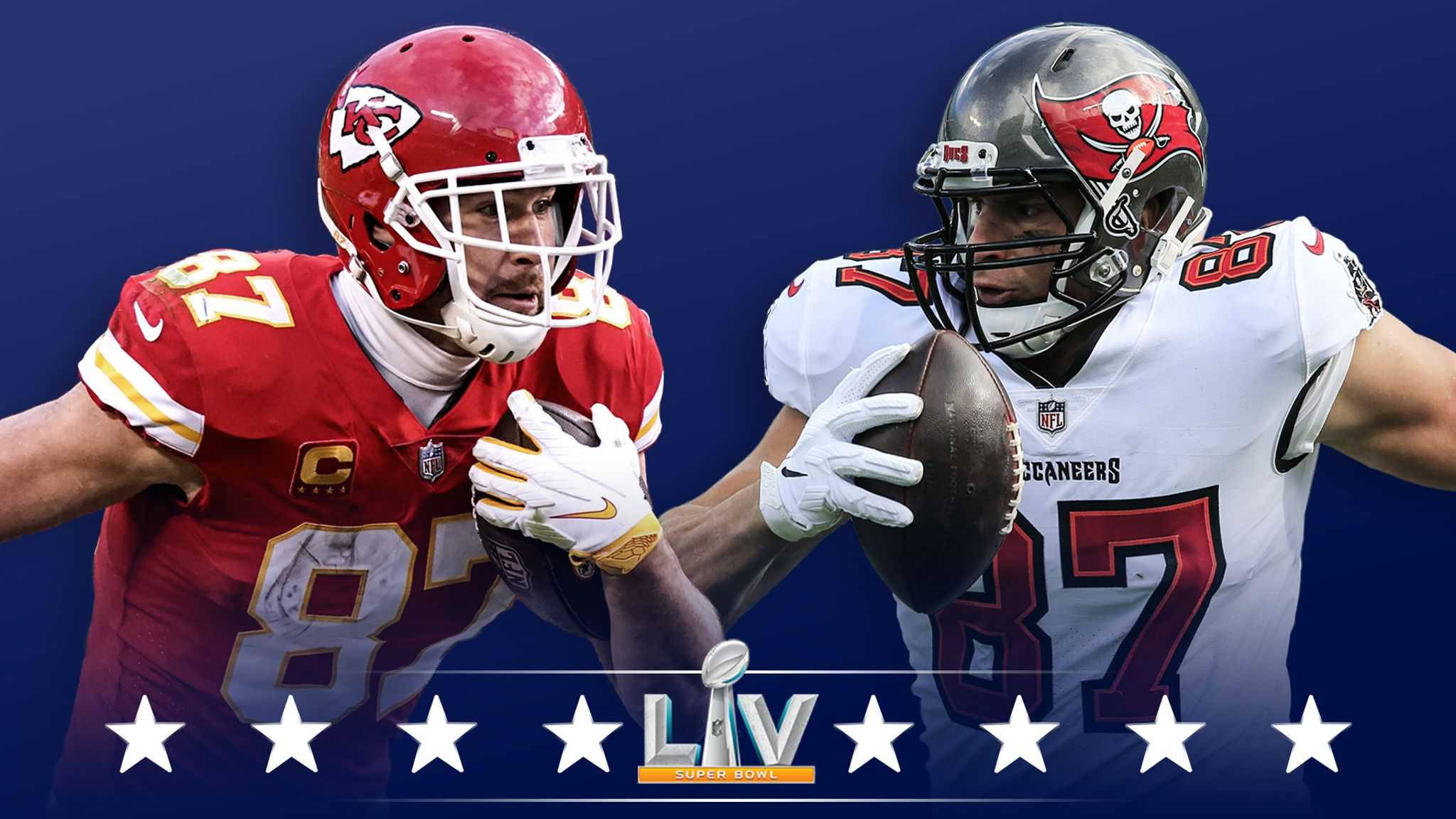 Super 桌布 壁紙 — 兩名身穿紅白球衣的NFL外接手在深藍色背景和超級碗LIV星星下激烈爭奪橄欖球。