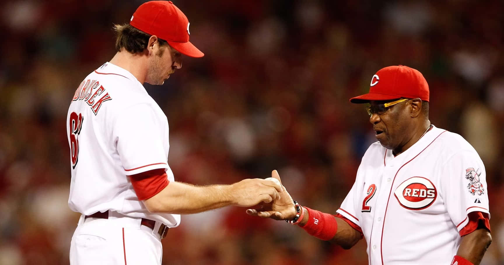 MLB Players 桌布 壁紙 — 兩名身穿紅白球衣的棒球運動員在燈光明亮的球場上握手，身後是模糊的體育場人群。