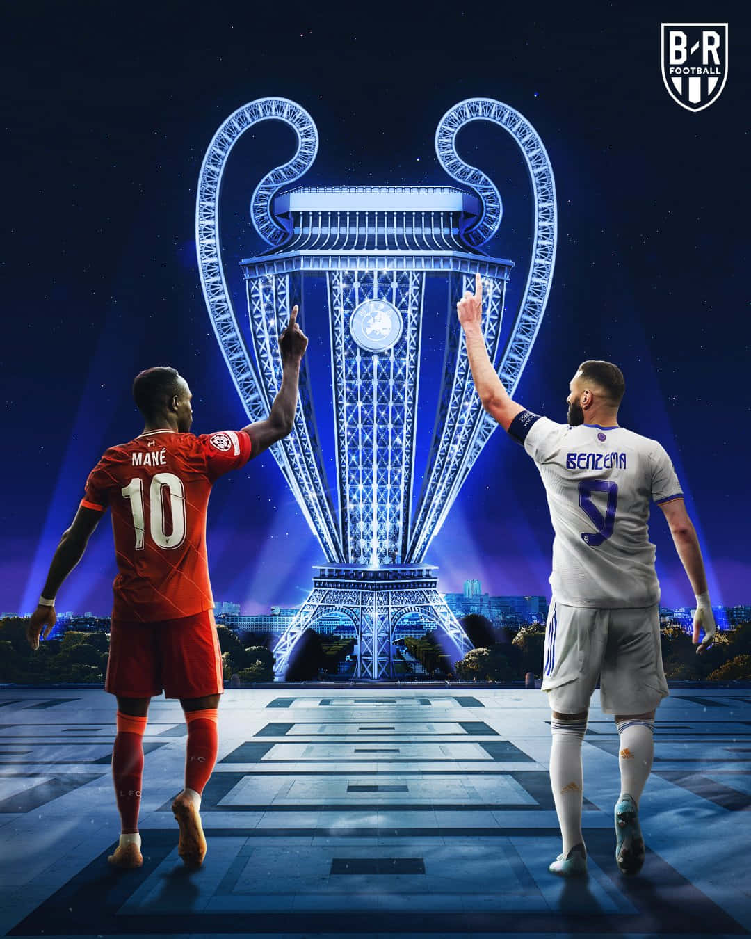 Champions League 桌布 壁紙 — 兩名身穿紅白球衣的足球員背對背站立，指著一個發光的藍色歐冠獎盃，獎盃形狀像艾菲爾鐵塔，背景是繁星點點的夜空。