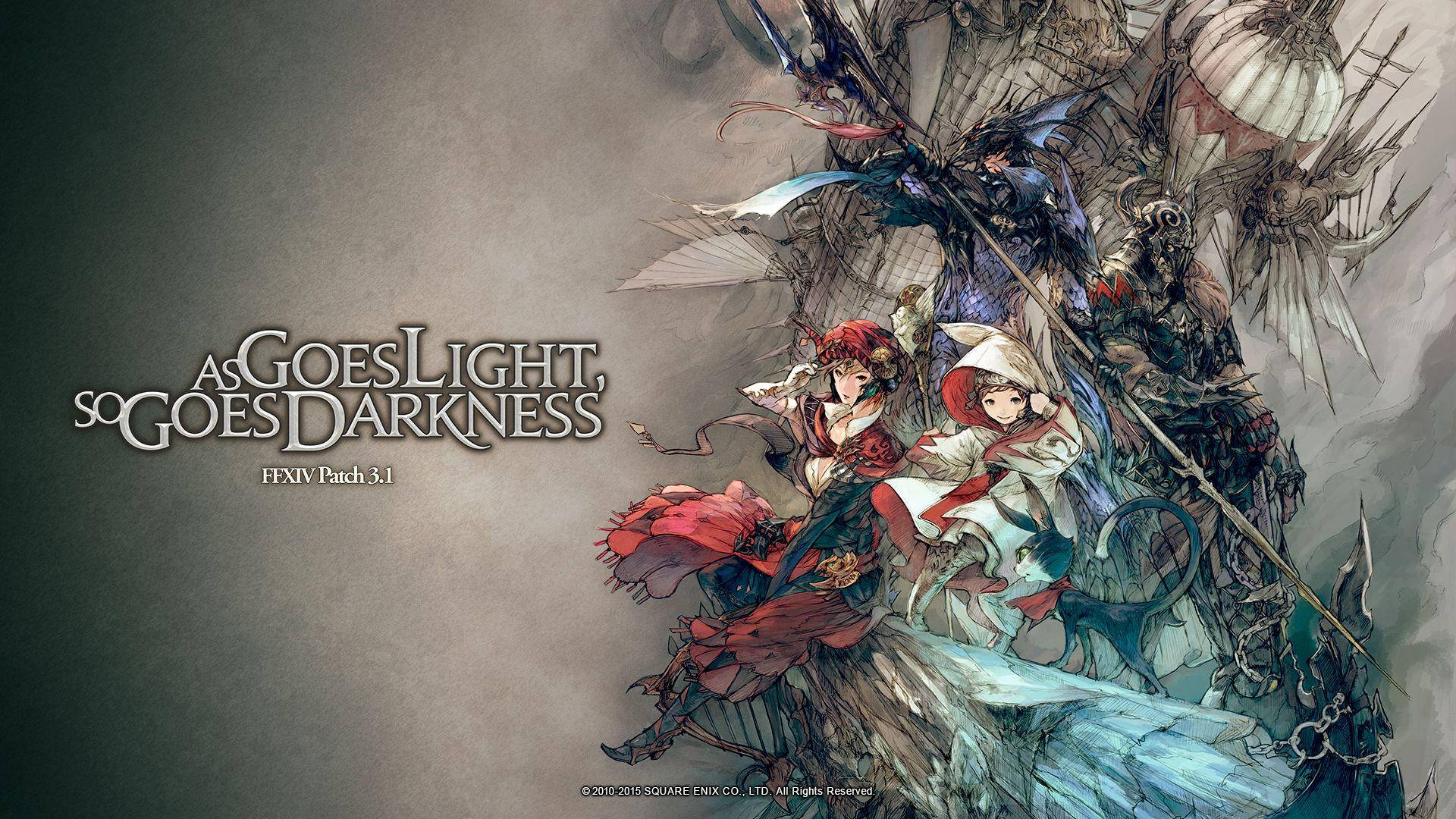電玩遊戲 桌布 壁紙 — 兩名身穿紅白盔甲的奇幻戰士在風暴般的灰色戰場上，挑釁地對抗著高聳的黑暗有翼野獸。