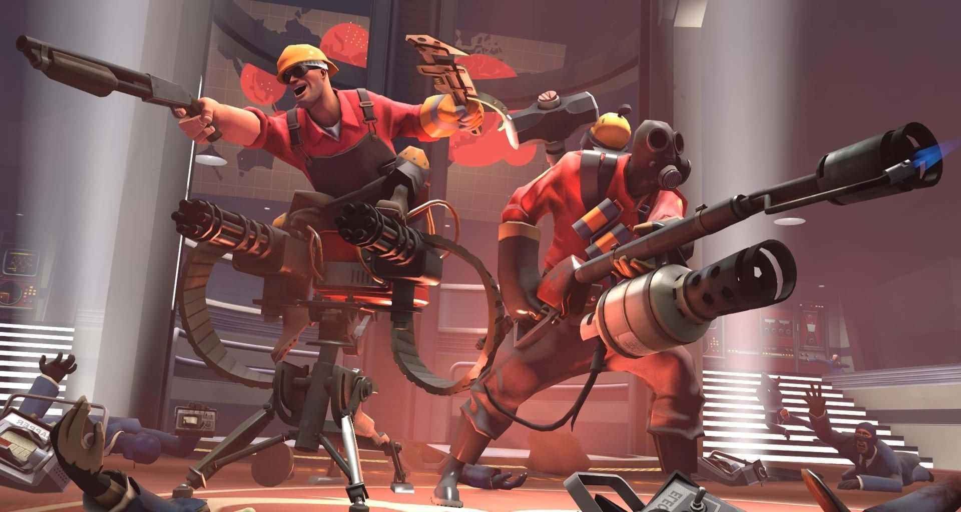 Team Fortress 2 Characters 桌布 壁紙 — 兩名身穿紅色制服的動畫僱傭兵在未來風格的室內戰鬥中發射重型武器，敵人已倒下。