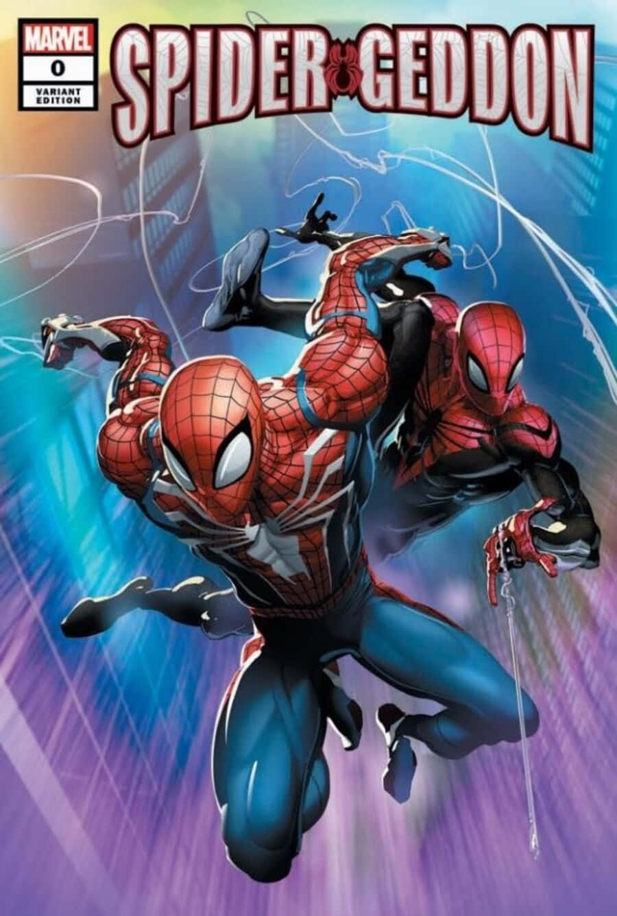 Spider-geddon 桌布 壁紙 — 兩名身穿紅色和藍色戰衣的蜘蛛人英雄在充滿活力的藍色和紫色城市景觀背景下動態擺盪。